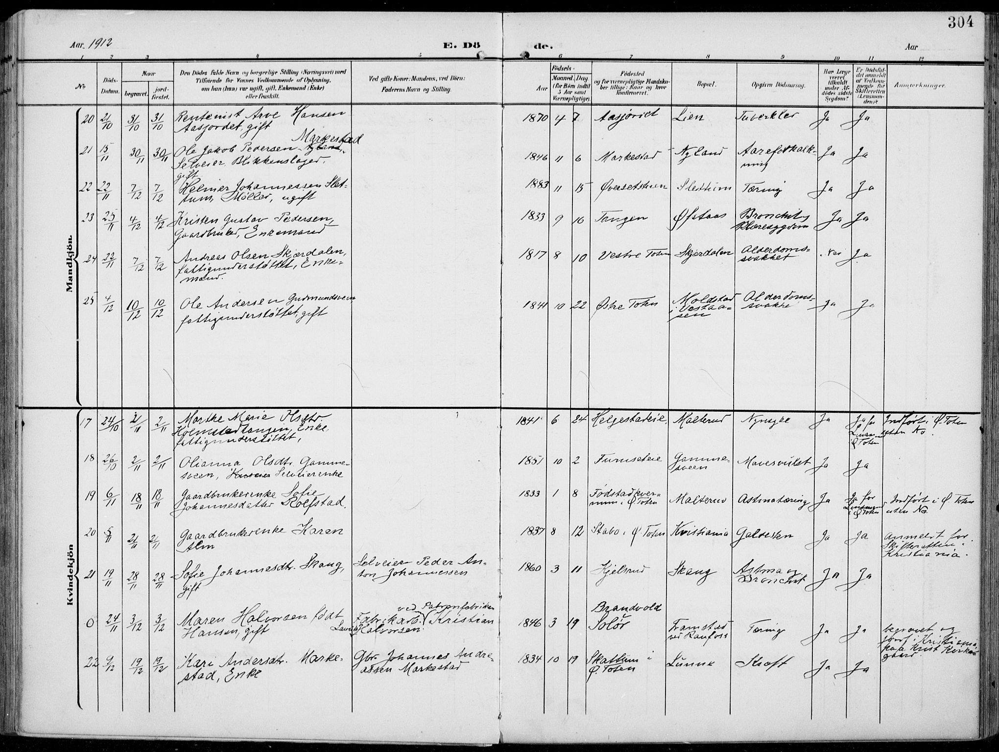 Vestre Toten prestekontor, AV/SAH-PREST-108/H/Ha/Haa/L0014: Parish register (official) no. 14, 1907-1920, p. 304