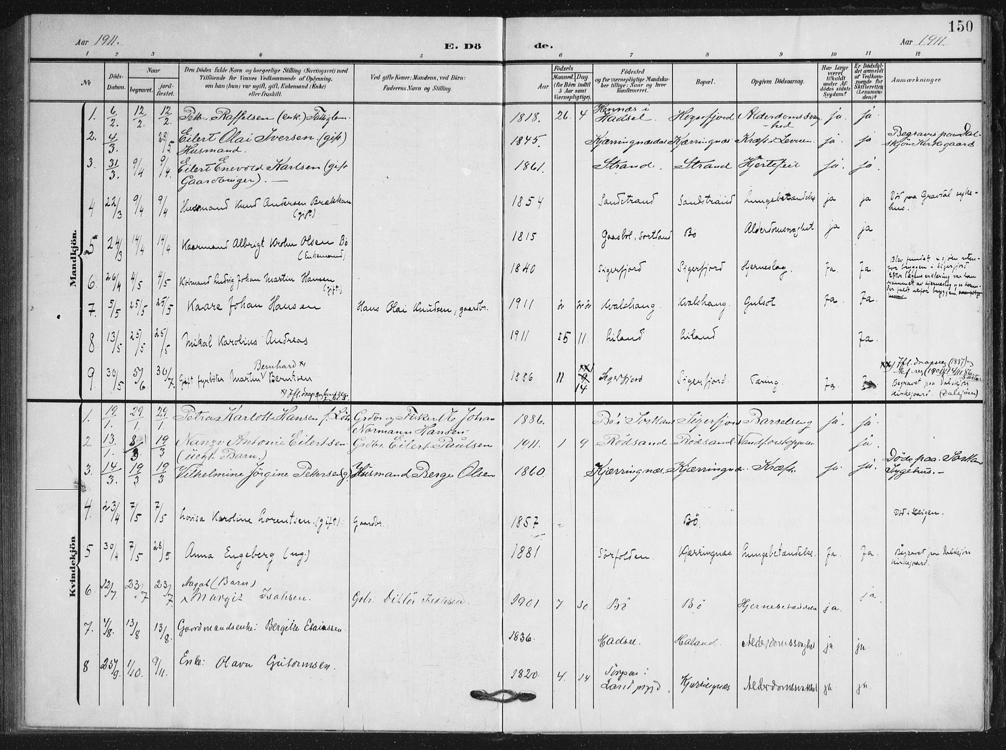 Ministerialprotokoller, klokkerbøker og fødselsregistre - Nordland, AV/SAT-A-1459/895/L1373: Parish register (official) no. 895A08, 1905-1915, p. 150