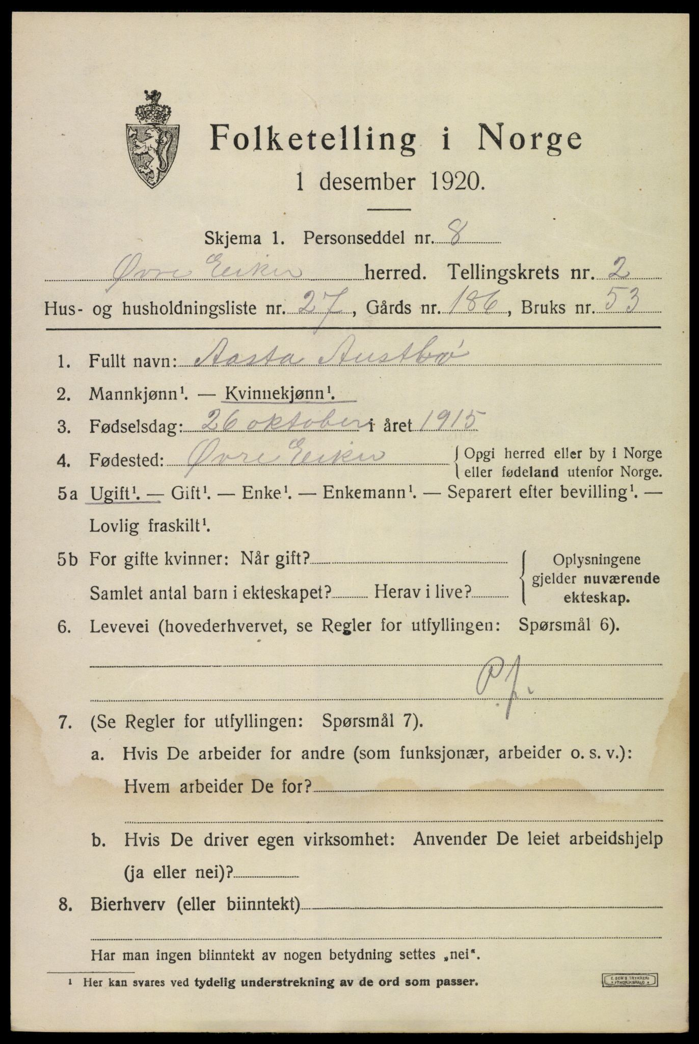 SAKO, 1920 census for Øvre Eiker, 1920, p. 6946