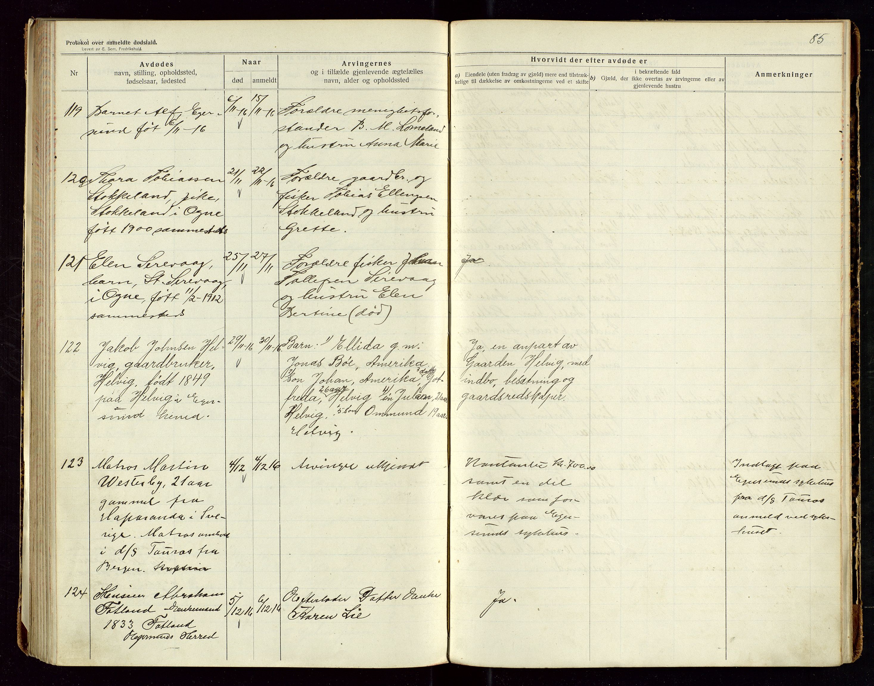 Eigersund lensmannskontor, SAST/A-100171/Gga/L0006: "Protokol over anmeldte dødsfald" m/alfabetisk navneregister, 1914-1917, p. 85
