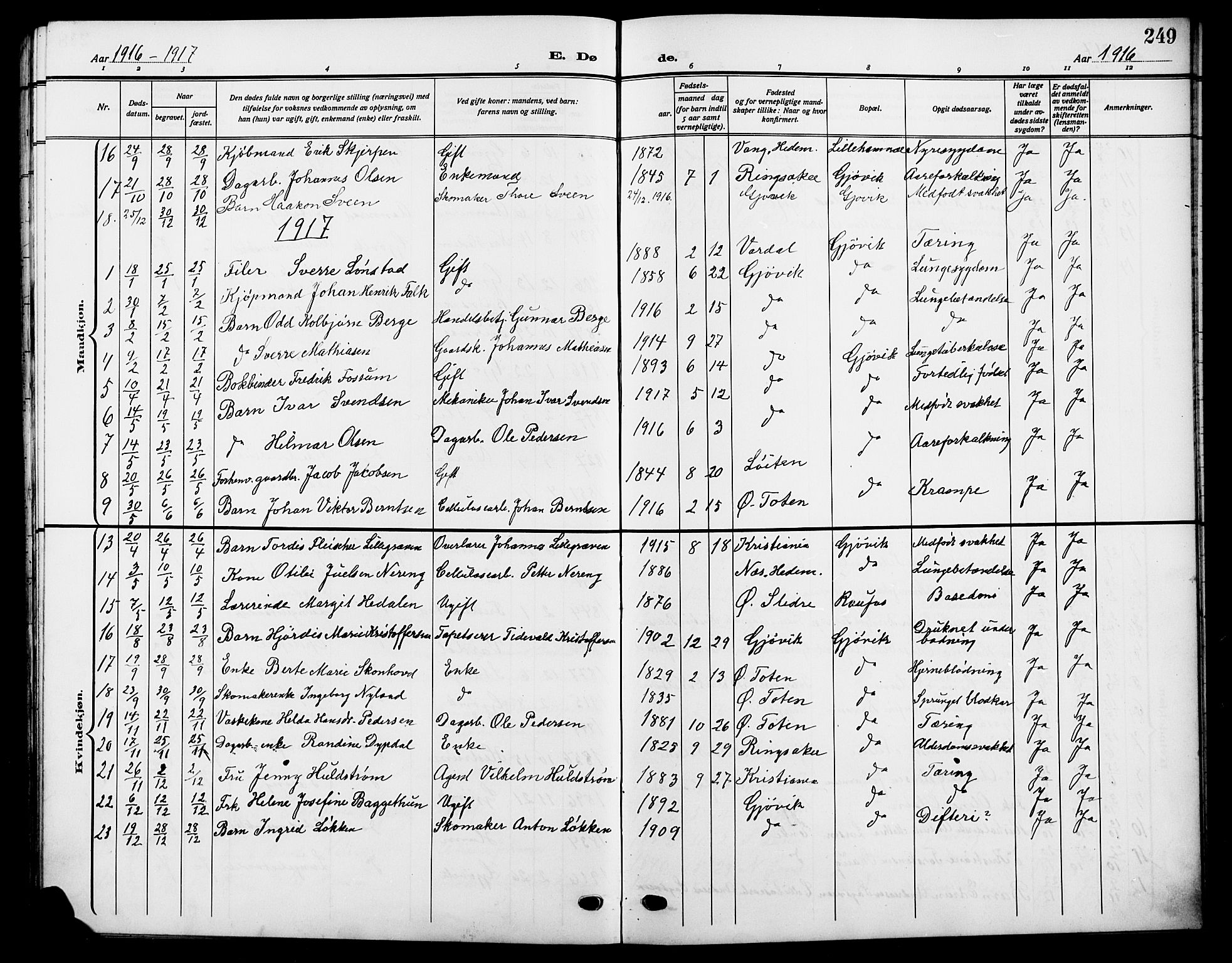 Vardal prestekontor, AV/SAH-PREST-100/H/Ha/Hab/L0014: Parish register (copy) no. 14, 1911-1922, p. 249