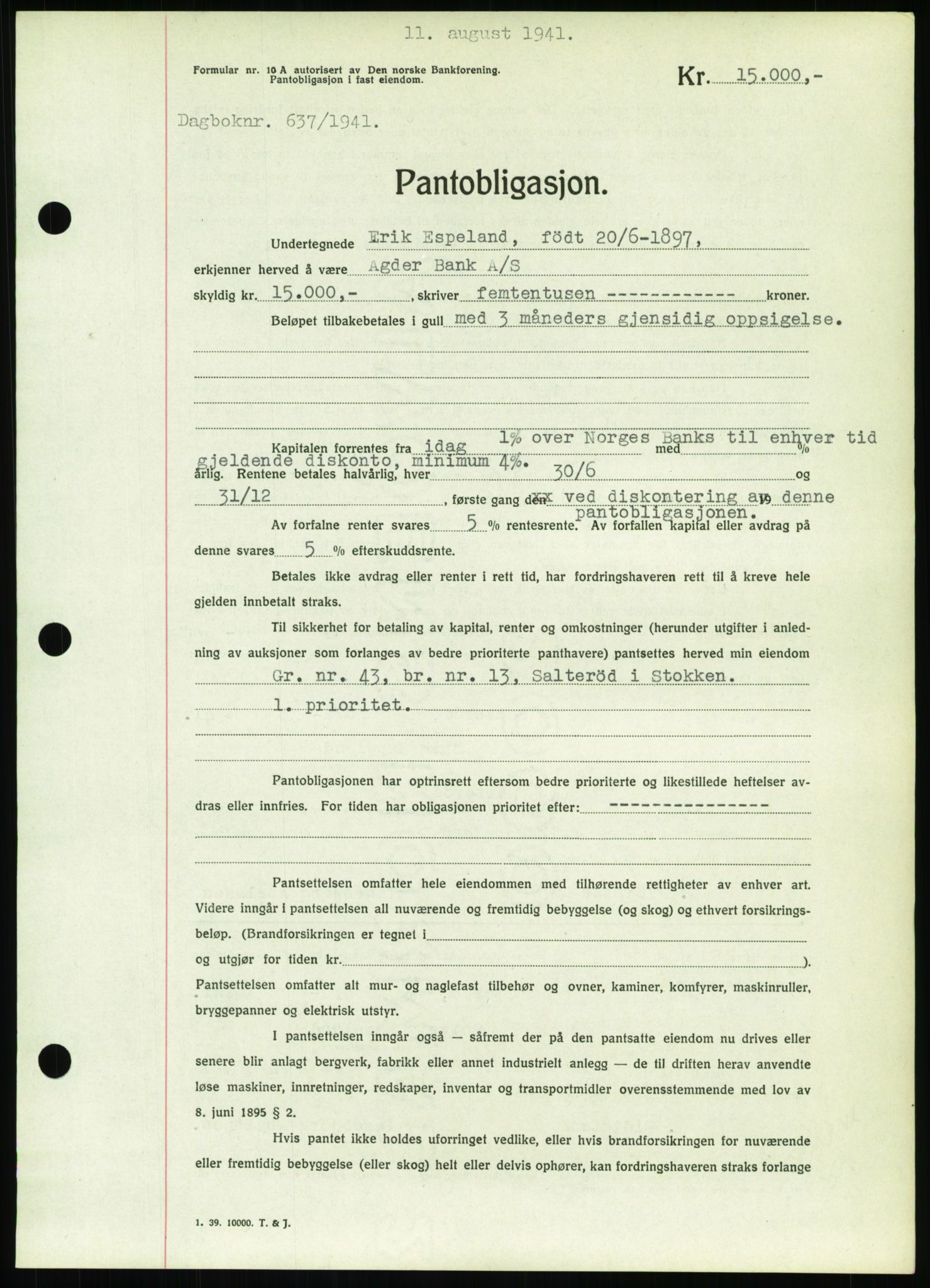 Nedenes sorenskriveri, AV/SAK-1221-0006/G/Gb/Gbb/L0001: Mortgage book no. I, 1939-1942, Diary no: : 637/1941