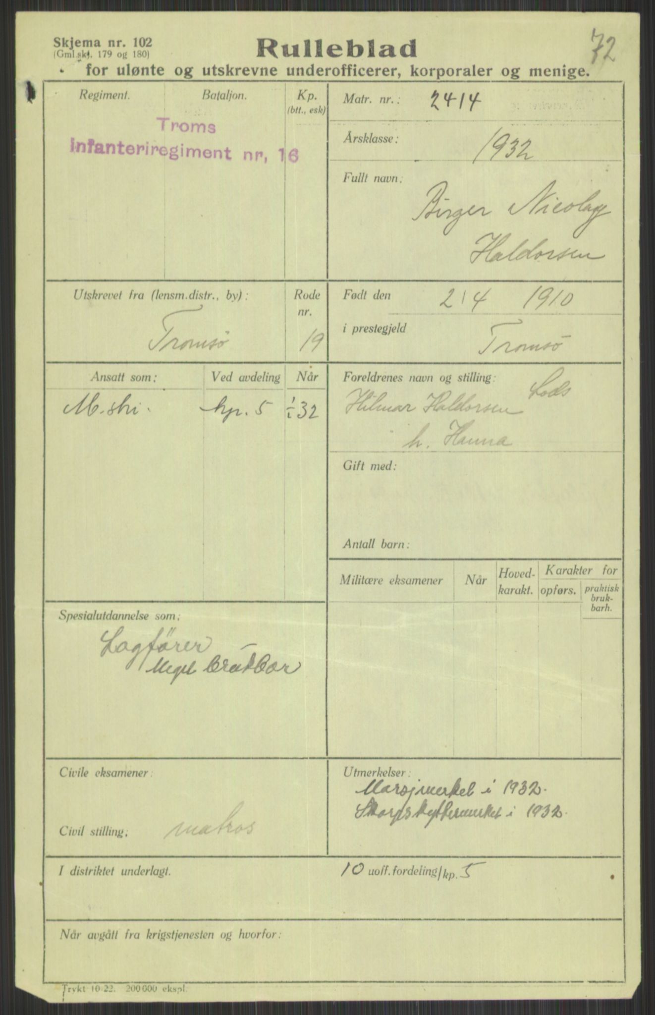 Forsvaret, Troms infanteriregiment nr. 16, AV/RA-RAFA-3146/P/Pa/L0016: Rulleblad for regimentets menige mannskaper, årsklasse 1932, 1932, p. 387