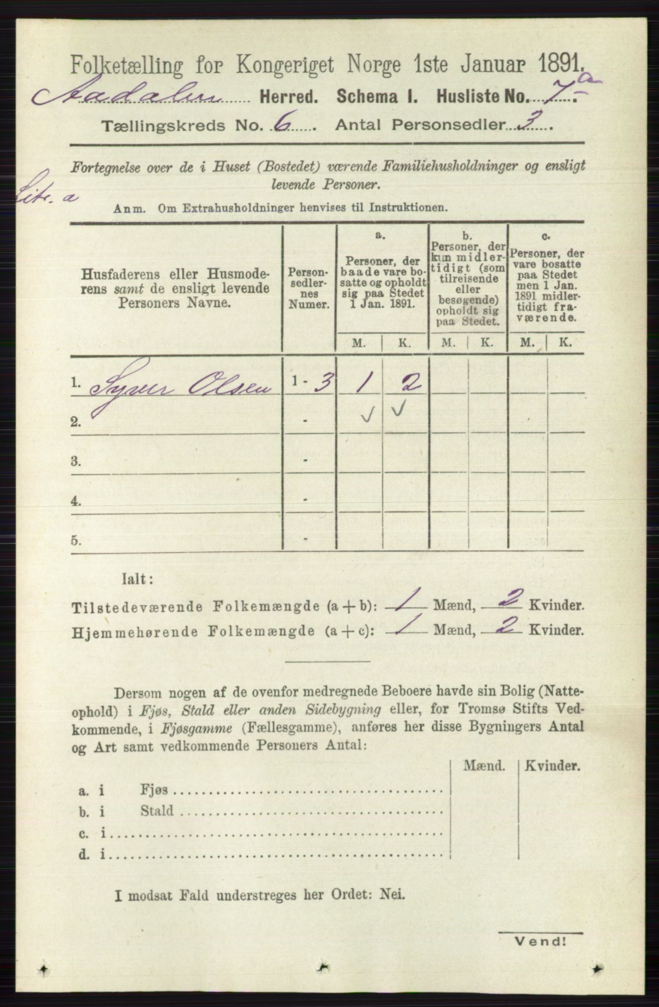 RA, 1891 census for 0614 Ådal, 1891, p. 2545