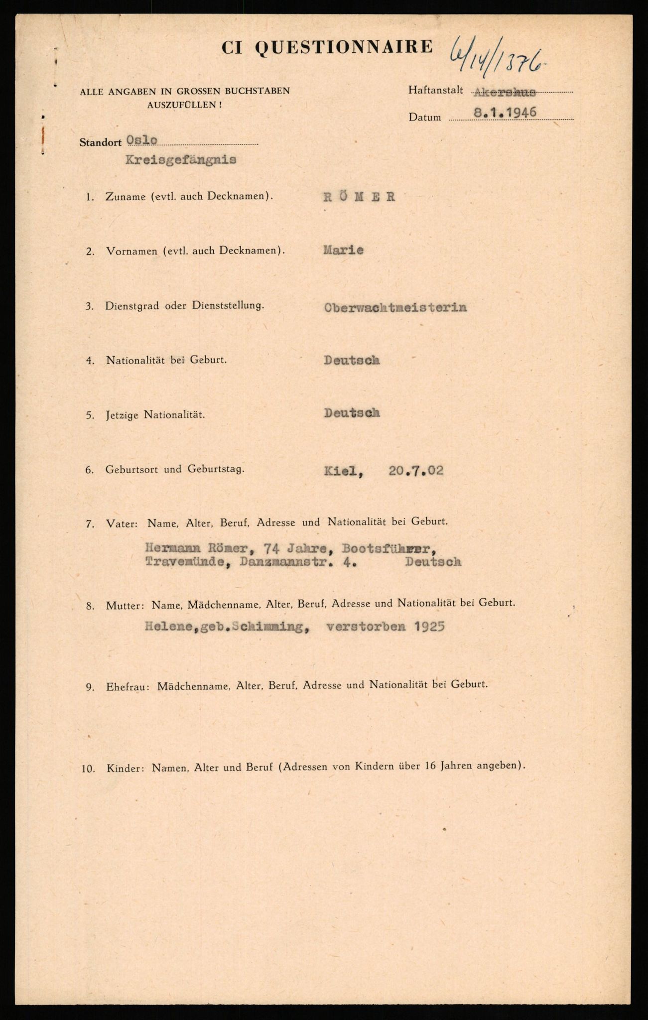 Forsvaret, Forsvarets overkommando II, AV/RA-RAFA-3915/D/Db/L0028: CI Questionaires. Tyske okkupasjonsstyrker i Norge. Tyskere., 1945-1946, p. 334