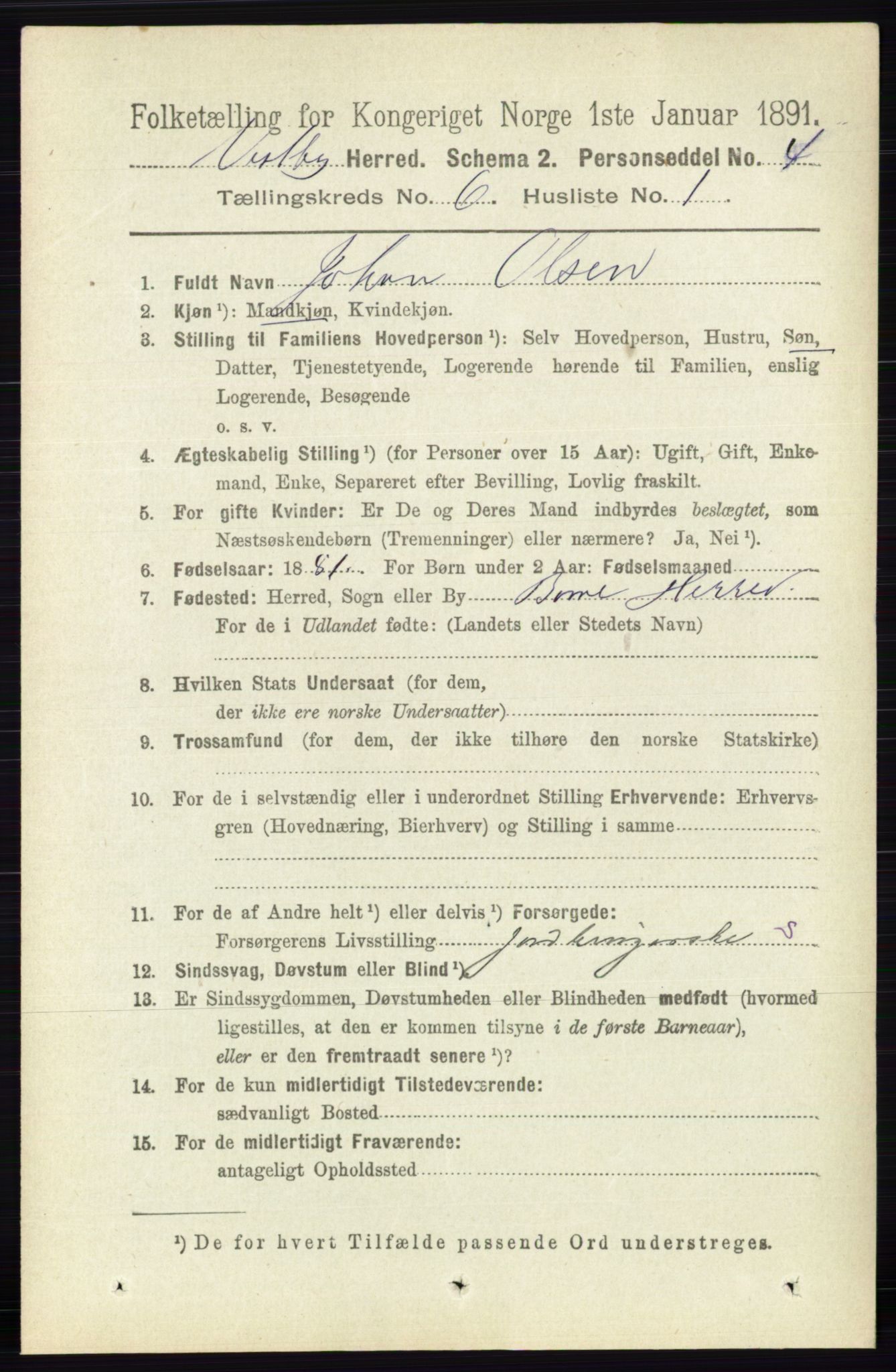 RA, 1891 census for 0211 Vestby, 1891, p. 2922