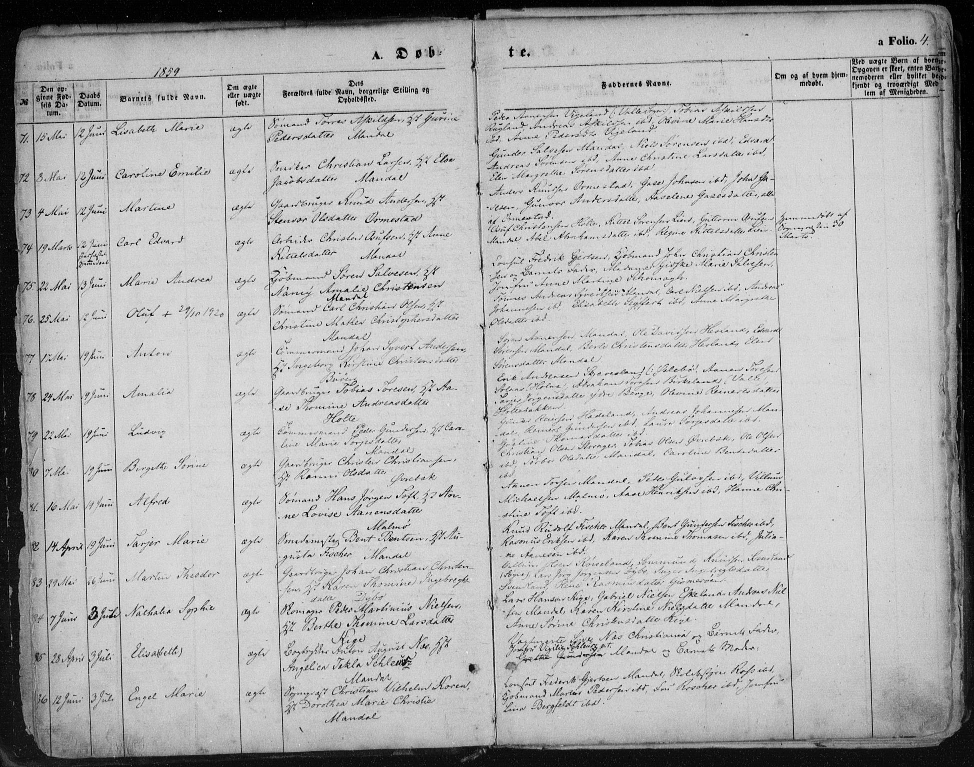 Mandal sokneprestkontor, SAK/1111-0030/F/Fa/Faa/L0014: Parish register (official) no. A 14, 1859-1872, p. 4