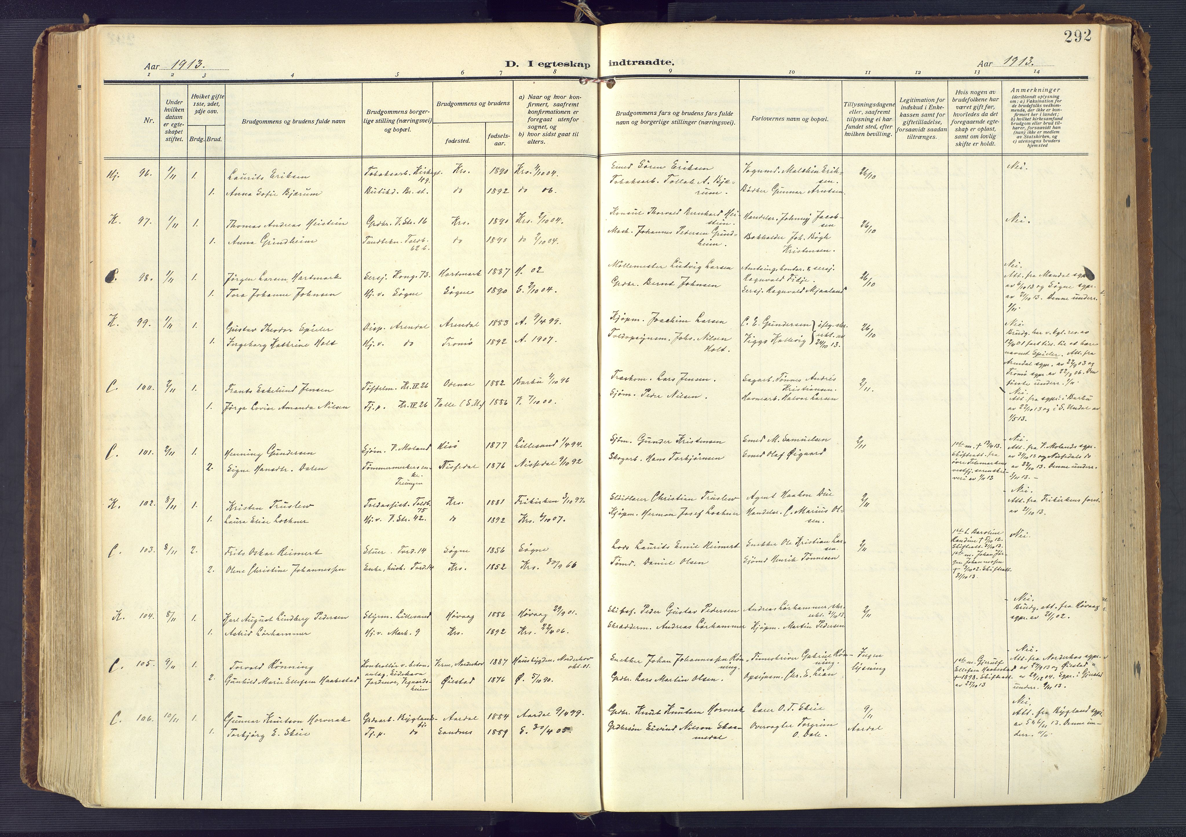 Kristiansand domprosti, AV/SAK-1112-0006/F/Fa/L0023: Parish register (official) no. A 22, 1909-1917, p. 292