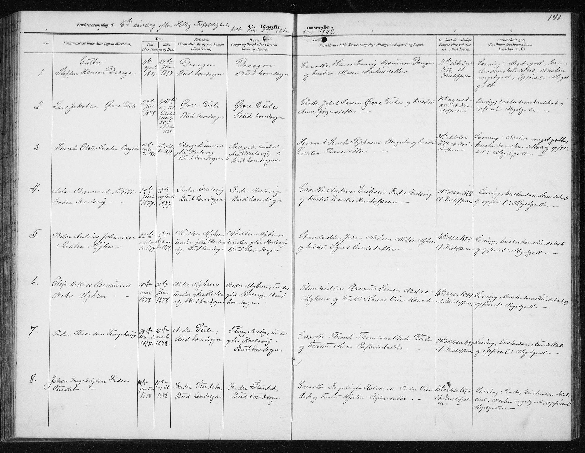 Ministerialprotokoller, klokkerbøker og fødselsregistre - Møre og Romsdal, AV/SAT-A-1454/566/L0773: Parish register (copy) no. 566C02, 1892-1909, p. 141