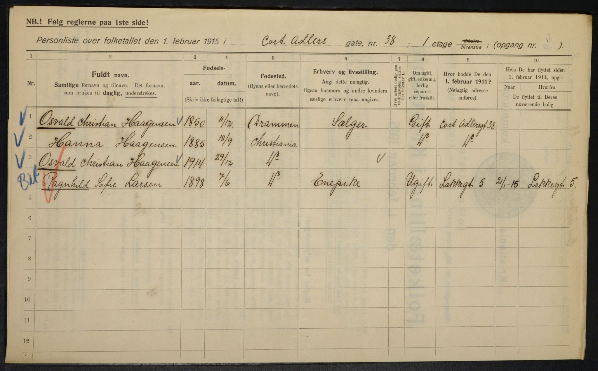 OBA, Municipal Census 1915 for Kristiania, 1915, p. 14013