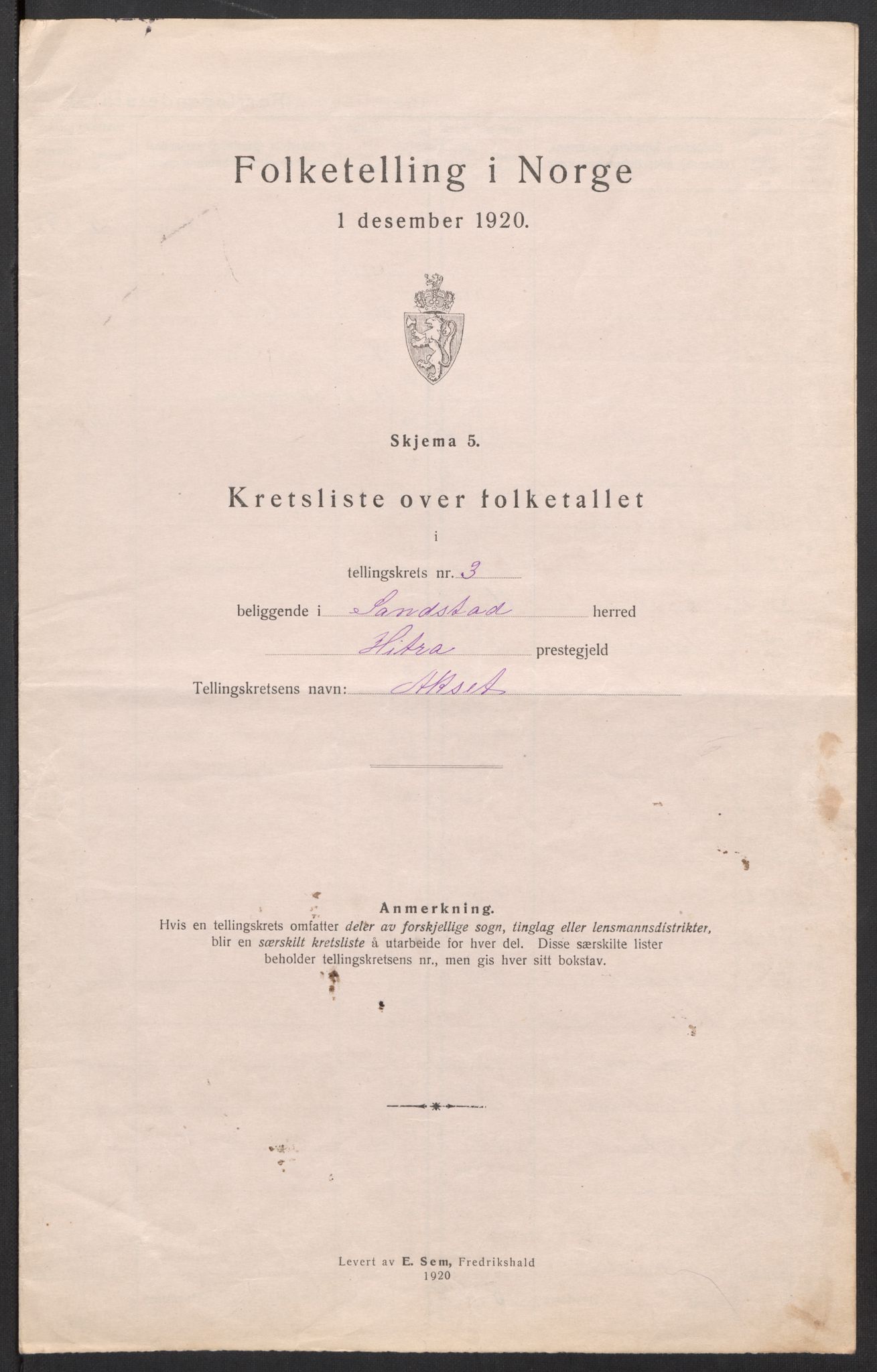 SAT, 1920 census for Sandstad, 1920, p. 12