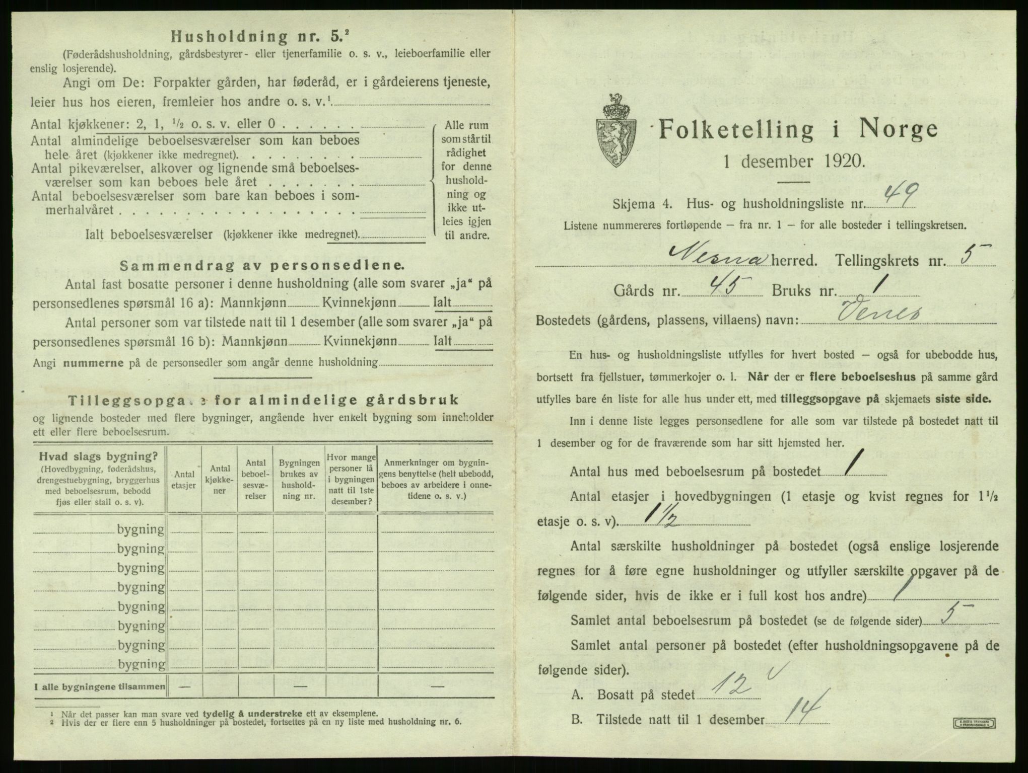 SAT, 1920 census for Nesna, 1920, p. 639