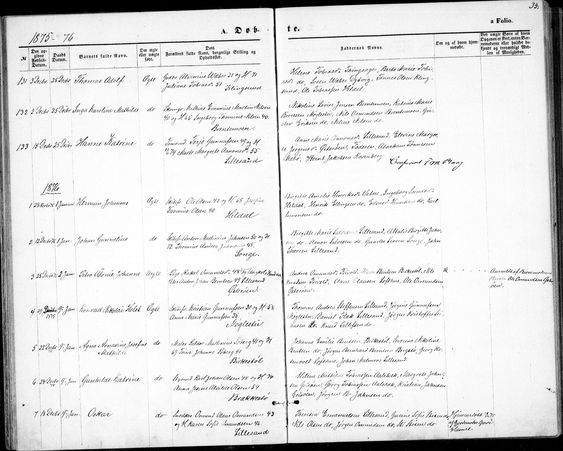 Vestre Moland sokneprestkontor, SAK/1111-0046/F/Fb/Fbb/L0005: Parish register (copy) no. B 5, 1872-1883, p. 33