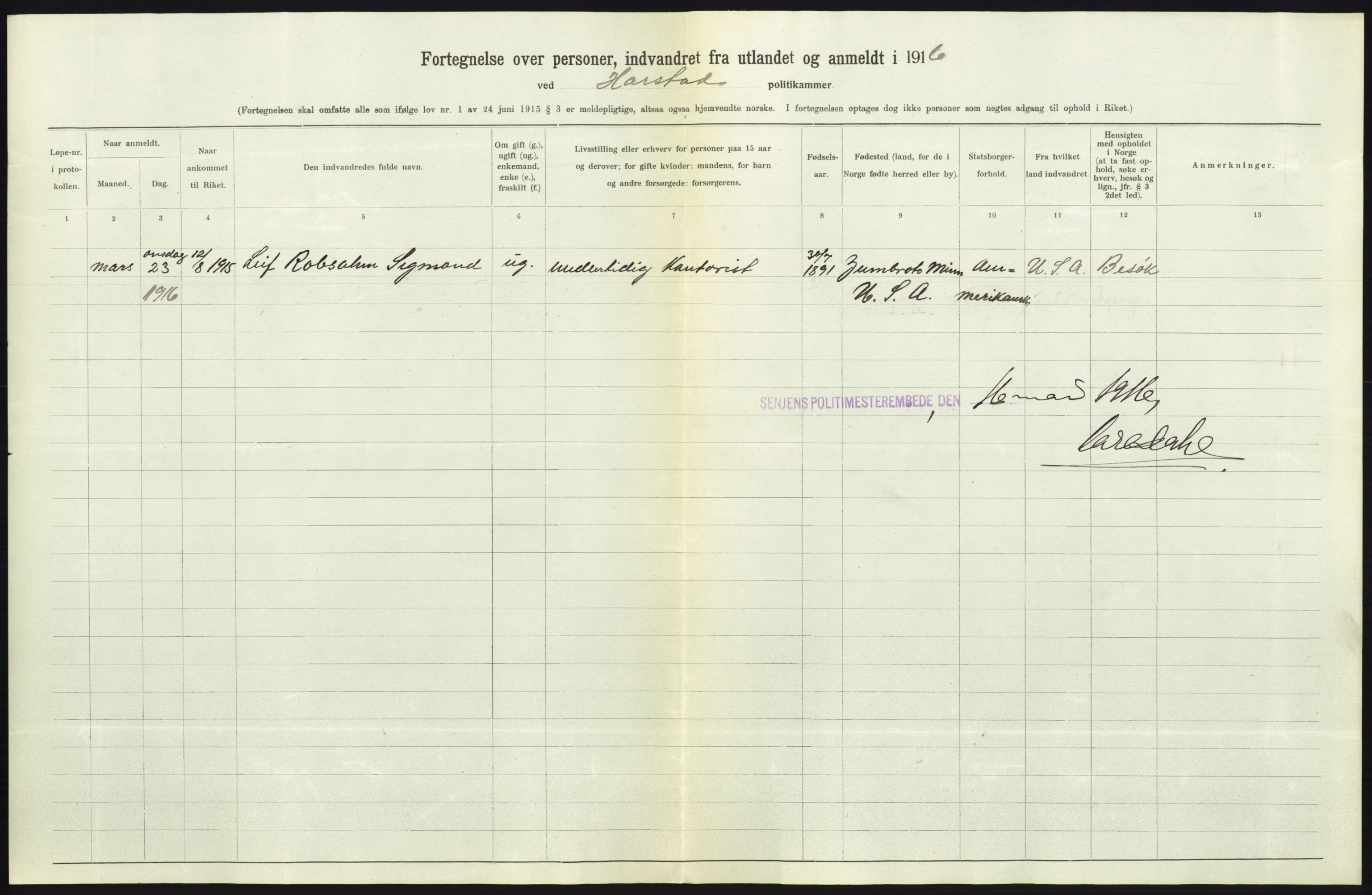 Statistisk sentralbyrå, Sosioøkonomiske emner, Folketellinger, boliger og boforhold, AV/RA-S-2231/F/Fa/L0001: Innvandring. Navn/fylkesvis, 1915, p. 205