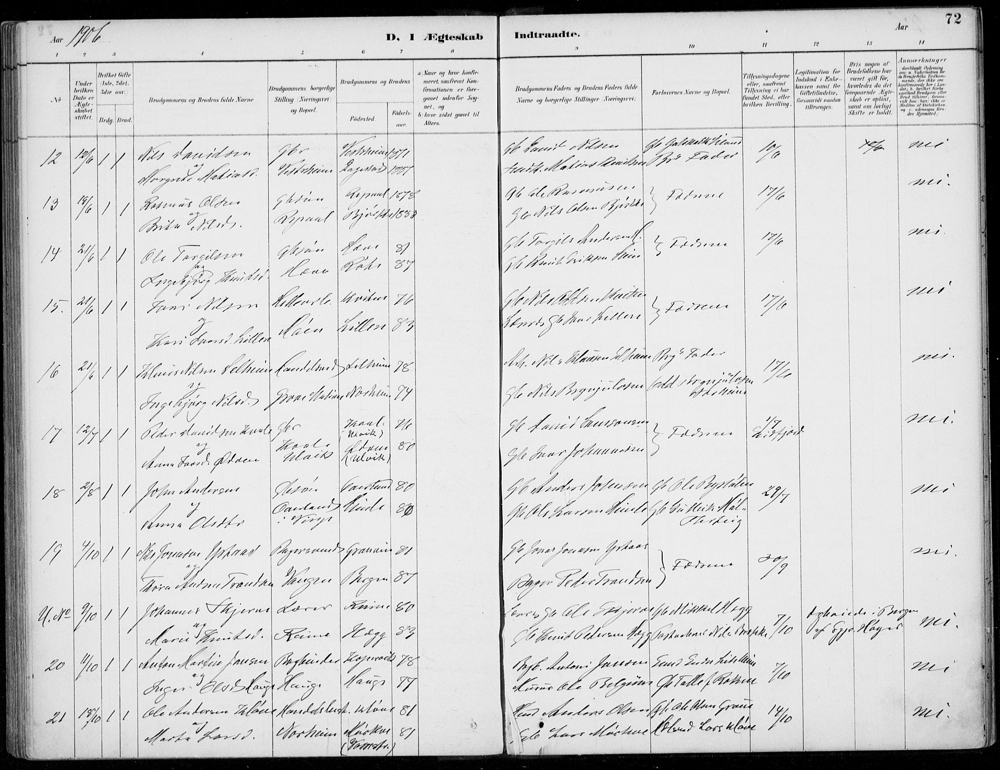 Voss sokneprestembete, AV/SAB-A-79001/H/Haa: Parish register (official) no. C  1, 1887-1915, p. 72