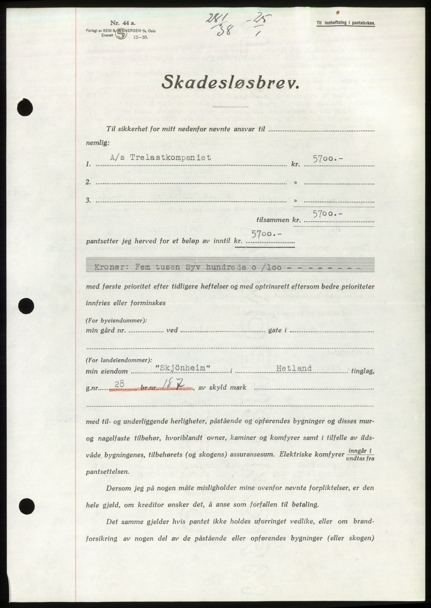 Jæren sorenskriveri, AV/SAST-A-100310/03/G/Gba/L0070: Mortgage book, 1938-1938, Diary no: : 281/1938