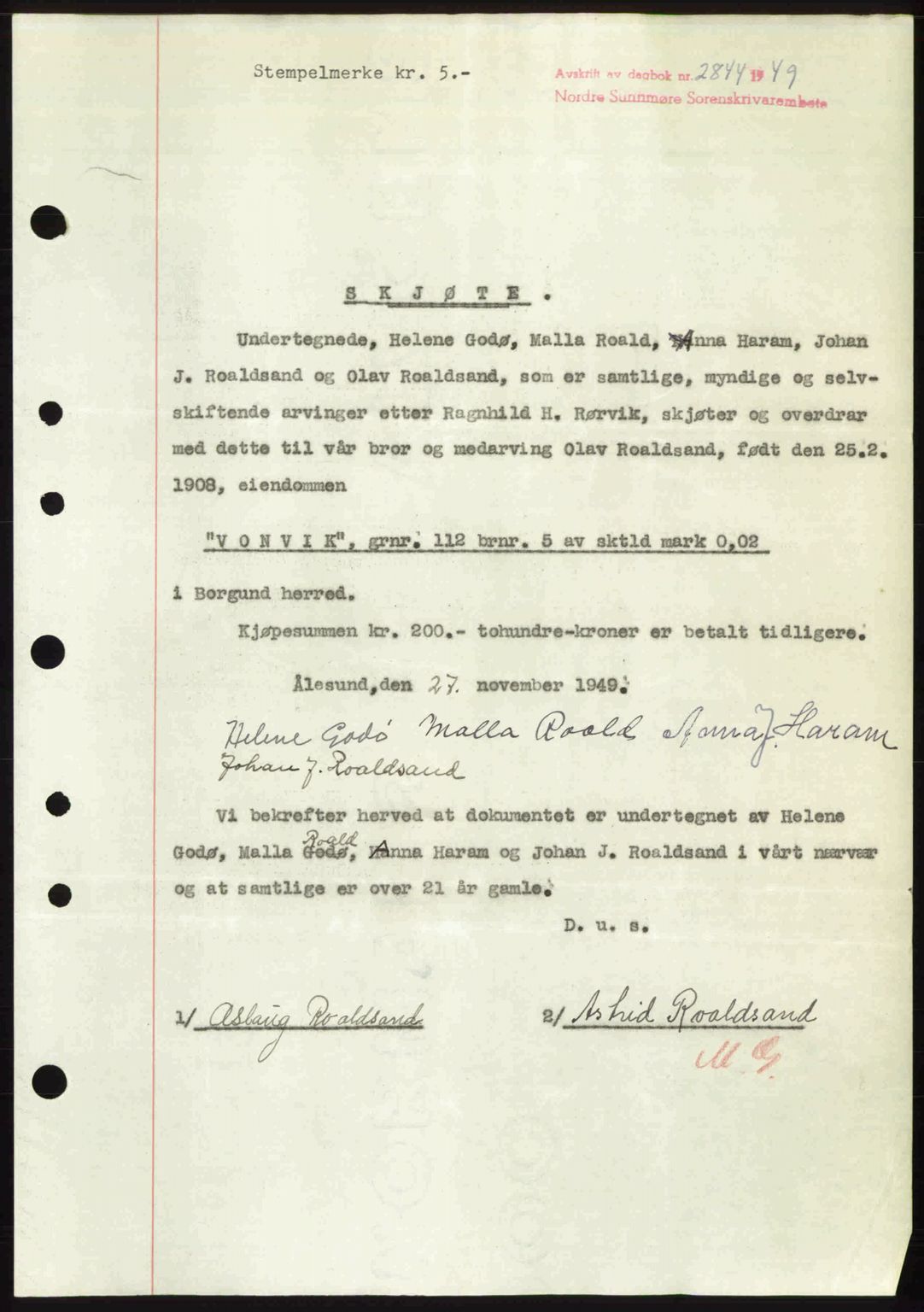 Nordre Sunnmøre sorenskriveri, AV/SAT-A-0006/1/2/2C/2Ca: Mortgage book no. A33, 1949-1950, Diary no: : 2844/1949