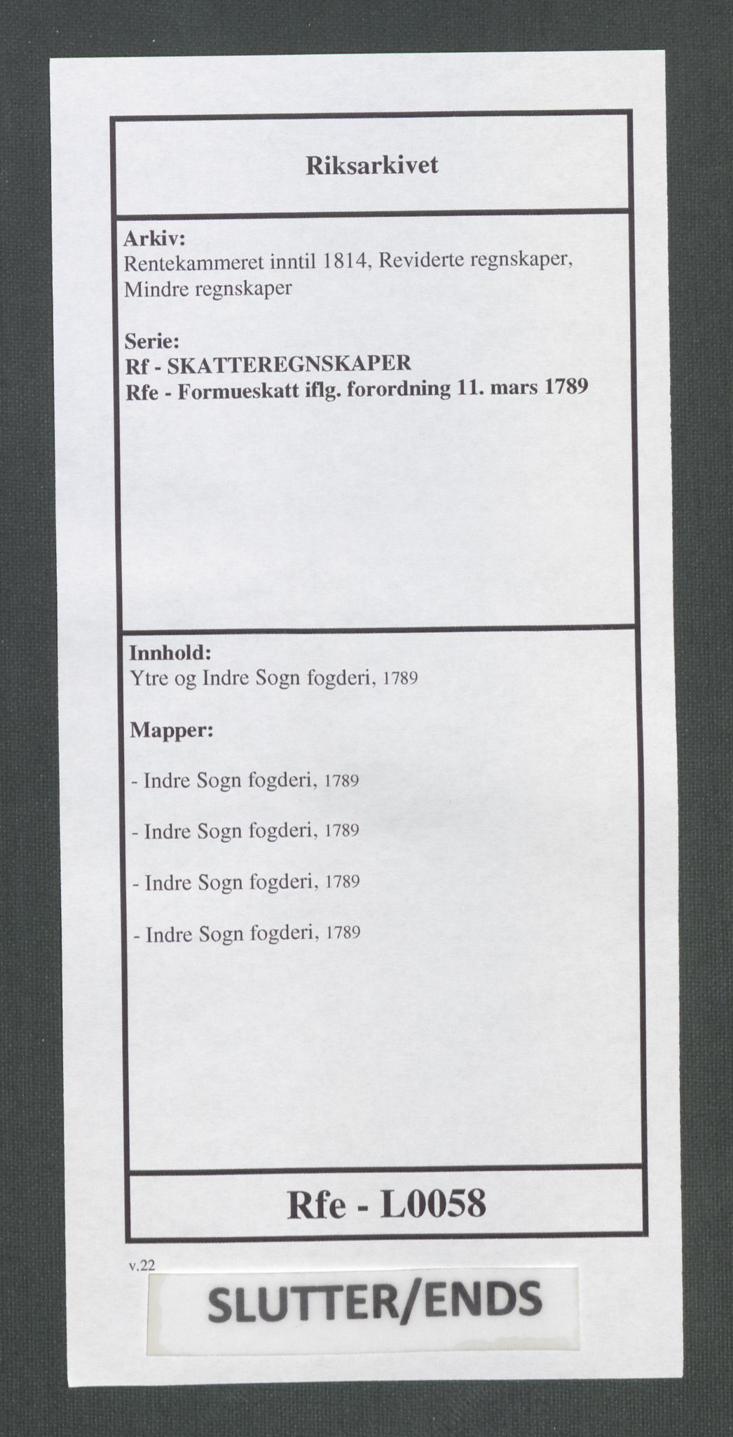 Rentekammeret inntil 1814, Reviderte regnskaper, Mindre regnskaper, AV/RA-EA-4068/Rf/Rfe/L0058: Ytre og Indre Sogn fogderi, 1789, p. 323