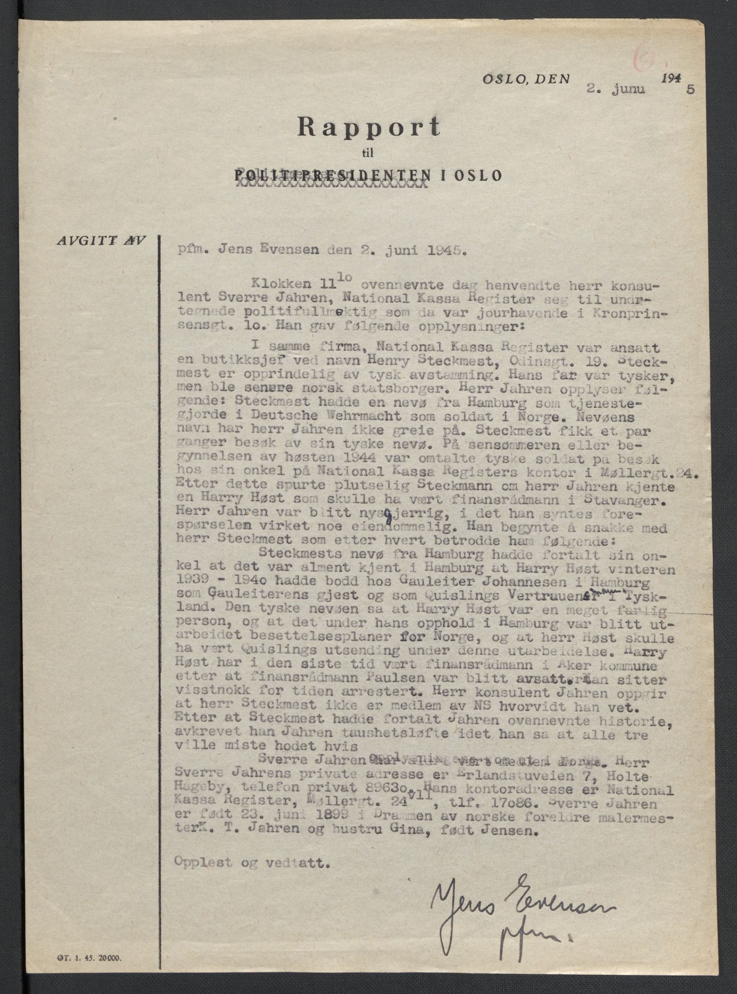 Landssvikarkivet, Oslo politikammer, AV/RA-S-3138-01/D/Da/L0003: Dnr. 29, 1945, p. 2607