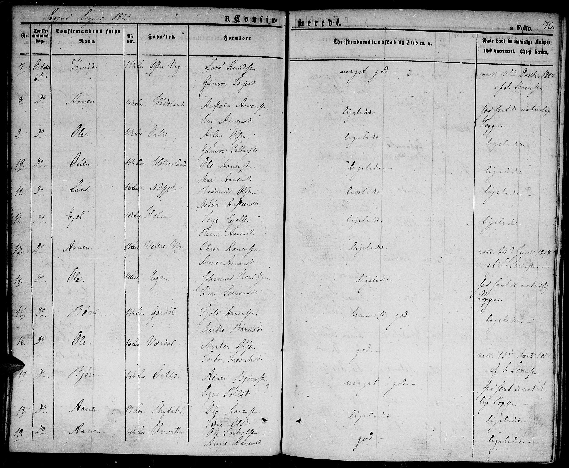 Hægebostad sokneprestkontor, AV/SAK-1111-0024/F/Fa/Fab/L0001: Parish register (official) no. A 1, 1823-1867, p. 70