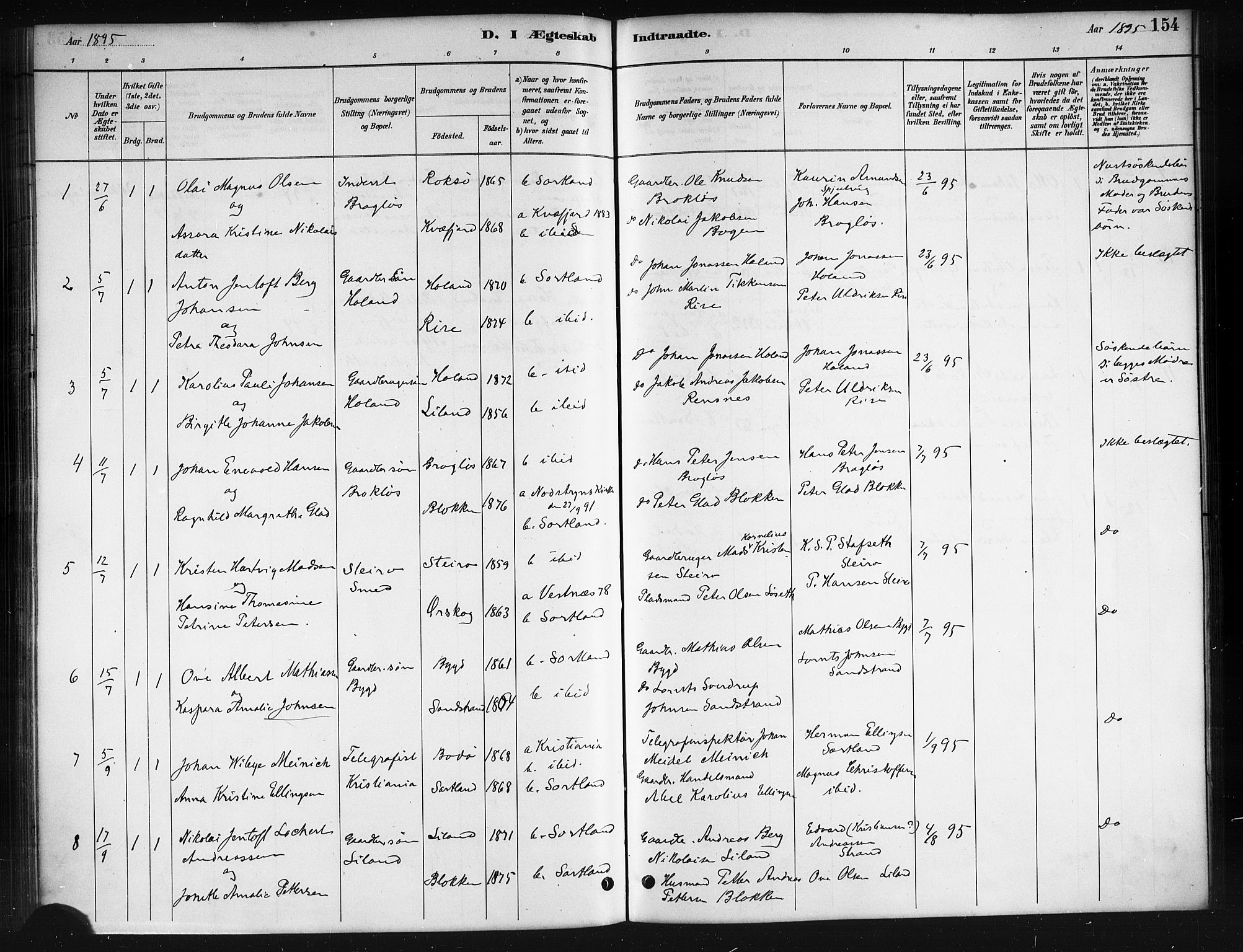 Ministerialprotokoller, klokkerbøker og fødselsregistre - Nordland, AV/SAT-A-1459/895/L1382: Parish register (copy) no. 895C04, 1885-1896, p. 154