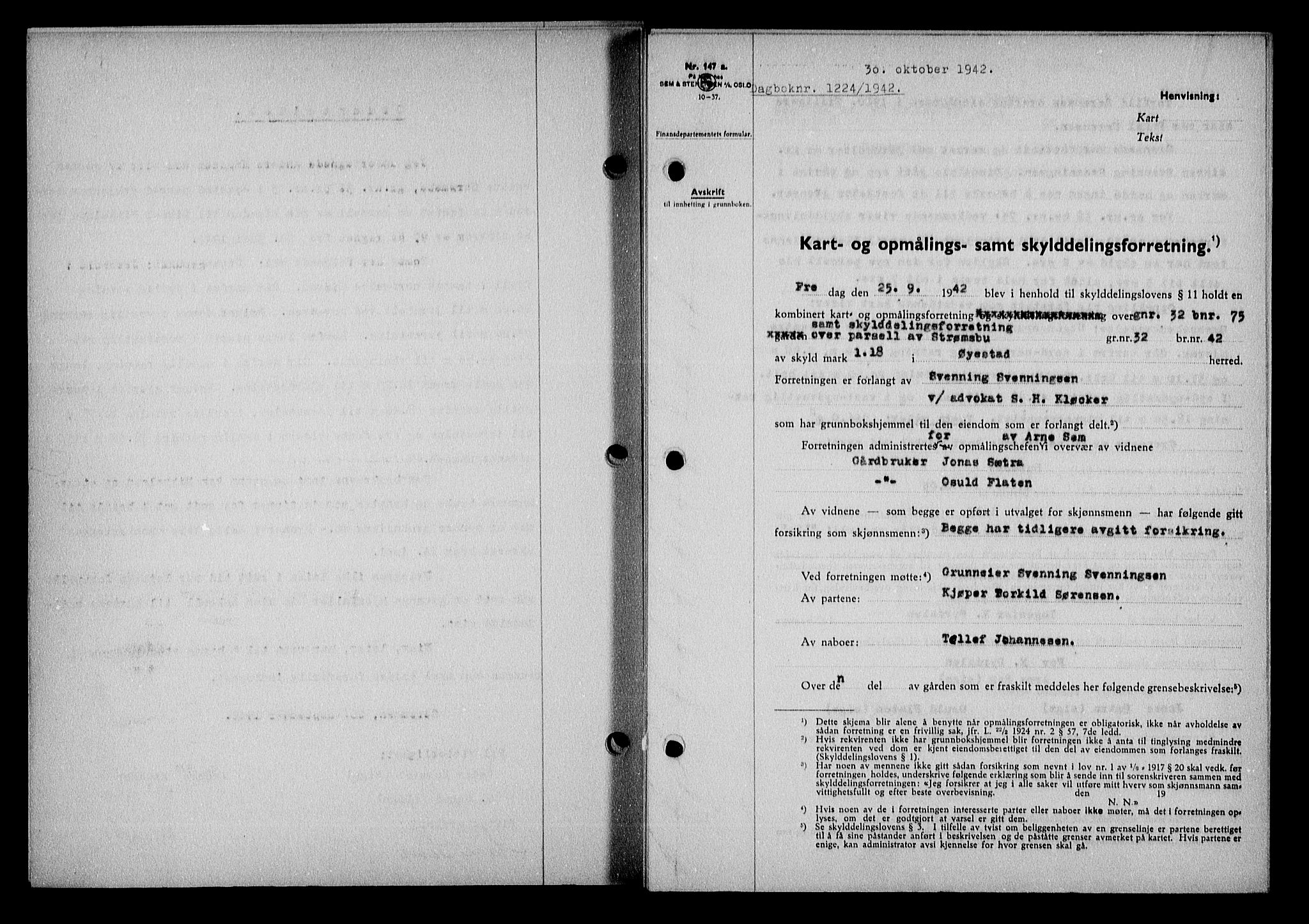 Nedenes sorenskriveri, AV/SAK-1221-0006/G/Gb/Gba/L0050: Mortgage book no. A-IV, 1942-1943, Diary no: : 1224/1942
