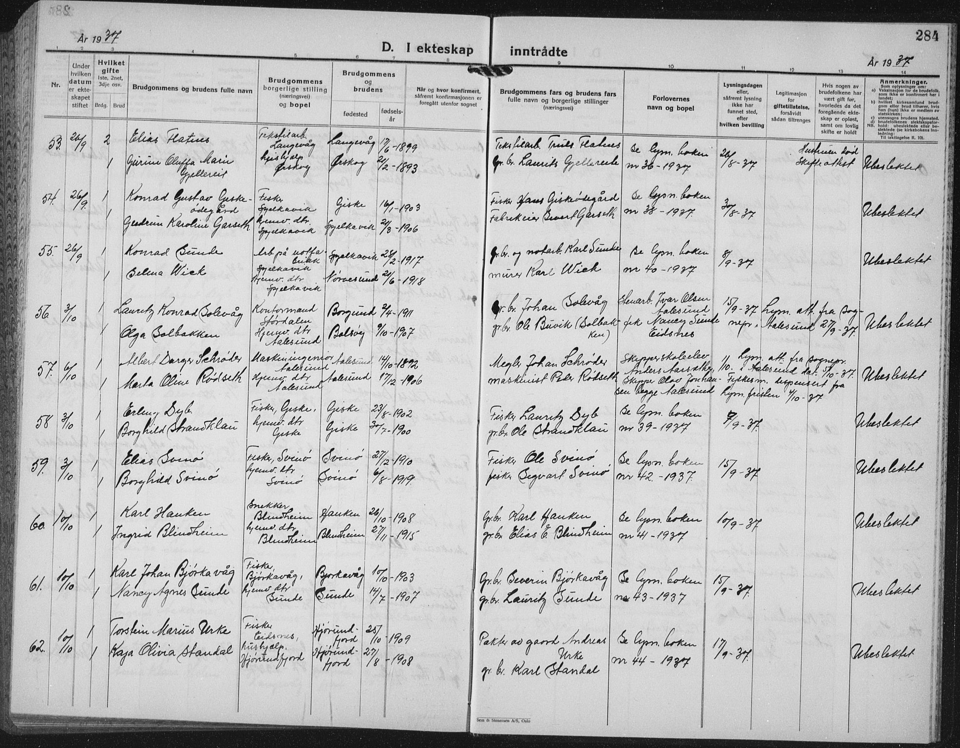 Ministerialprotokoller, klokkerbøker og fødselsregistre - Møre og Romsdal, AV/SAT-A-1454/528/L0436: Parish register (copy) no. 528C17, 1927-1939, p. 284