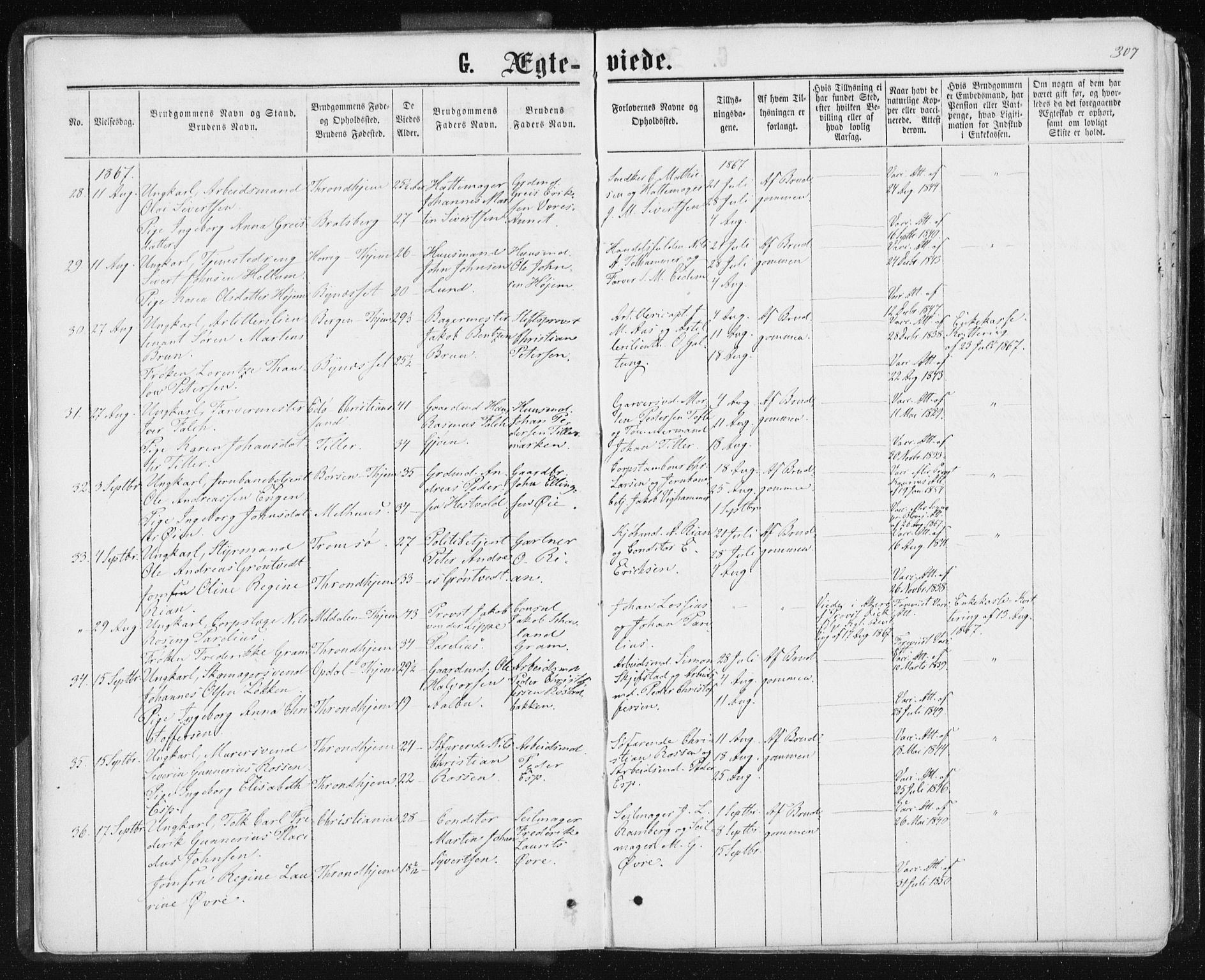 Ministerialprotokoller, klokkerbøker og fødselsregistre - Sør-Trøndelag, SAT/A-1456/601/L0055: Parish register (official) no. 601A23, 1866-1877, p. 307