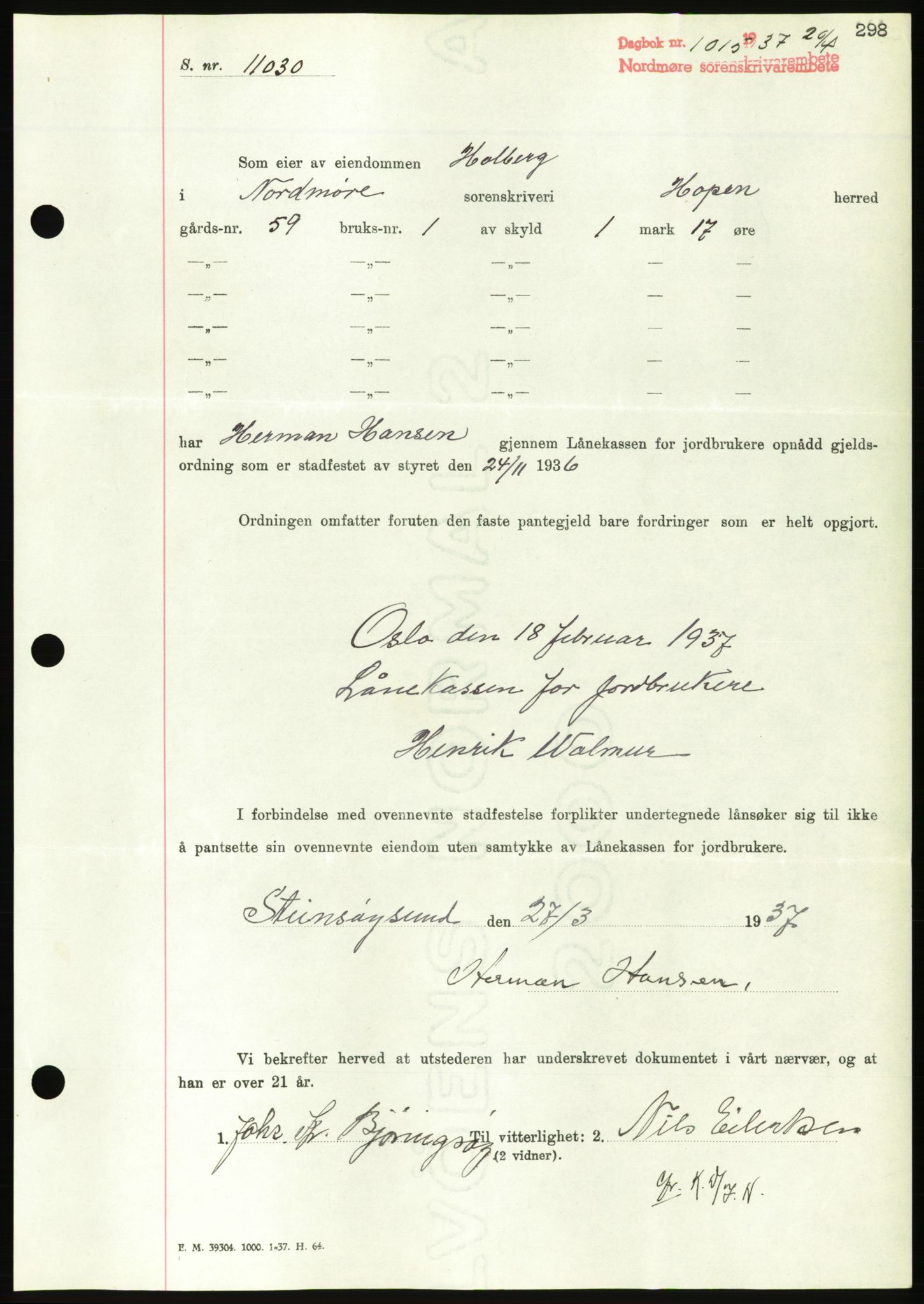 Nordmøre sorenskriveri, AV/SAT-A-4132/1/2/2Ca/L0091: Mortgage book no. B81, 1937-1937, Diary no: : 1015/1937