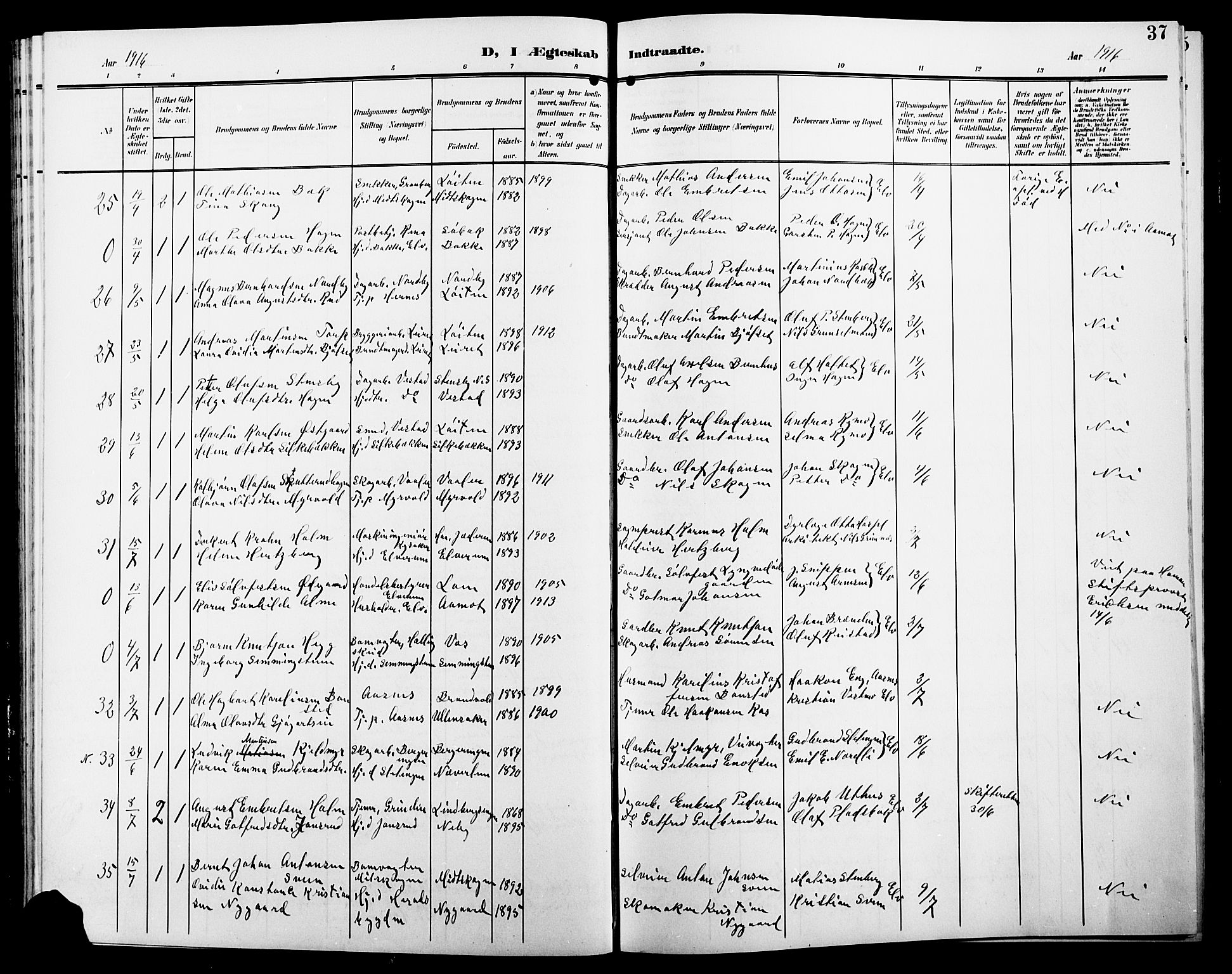 Elverum prestekontor, AV/SAH-PREST-044/H/Ha/Hab/L0009: Parish register (copy) no. 9, 1908-1921, p. 37