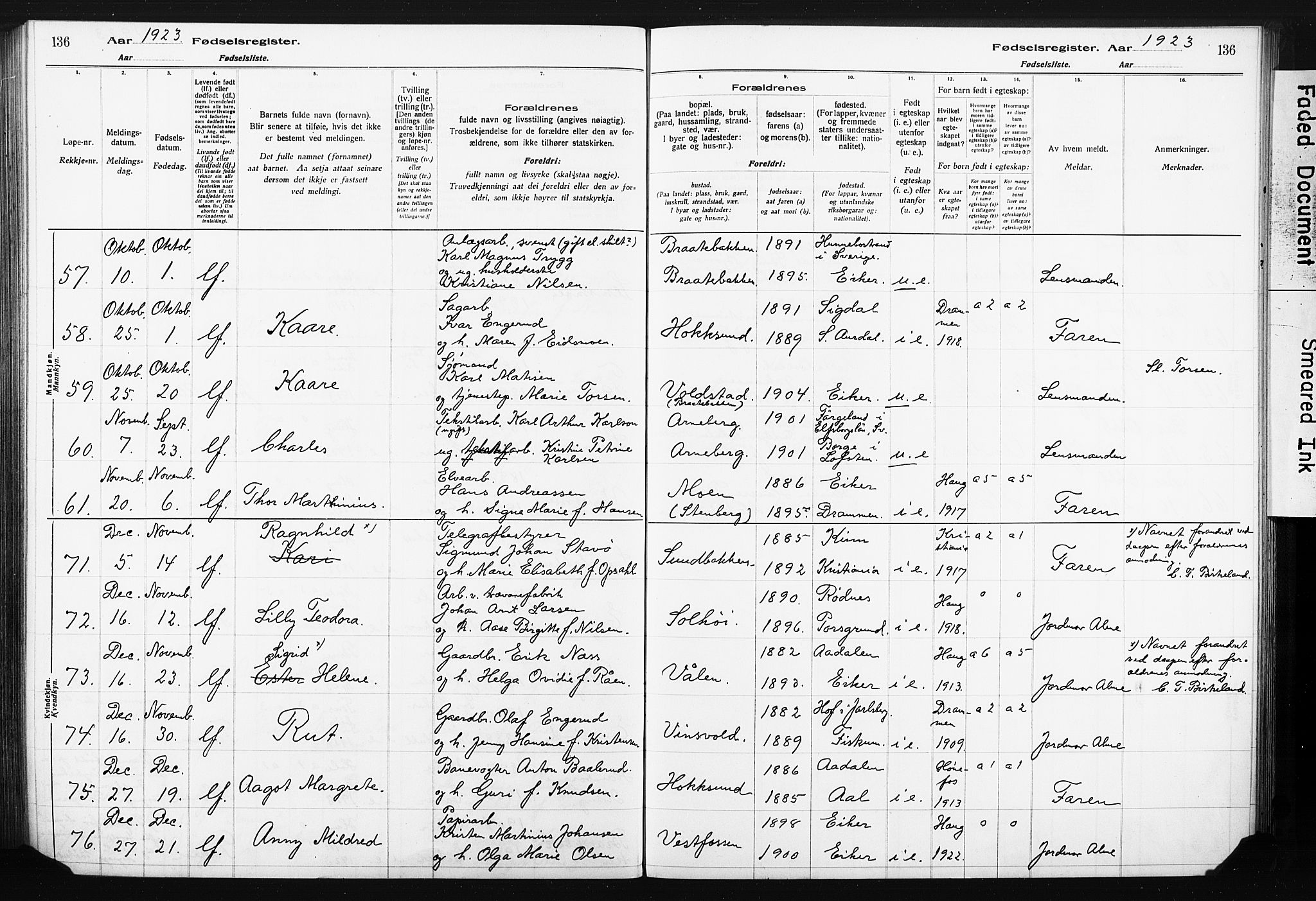 Eiker kirkebøker, AV/SAKO-A-4/J/Ja/L0001: Birth register no. I 1, 1916-1927, p. 136