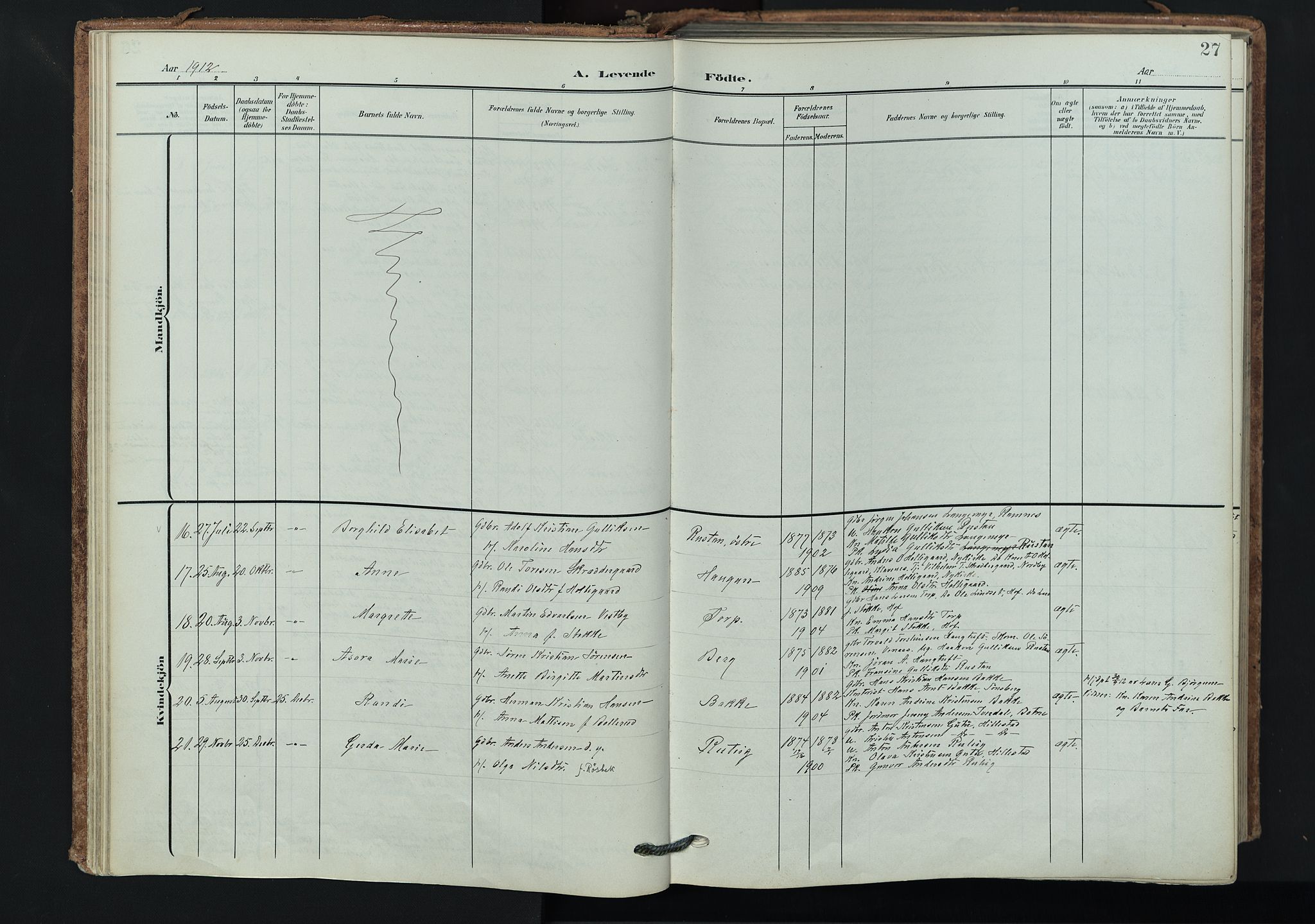 Våle kirkebøker, AV/SAKO-A-334/F/Fa/L0012: Parish register (official) no. I 12, 1907-1934, p. 27