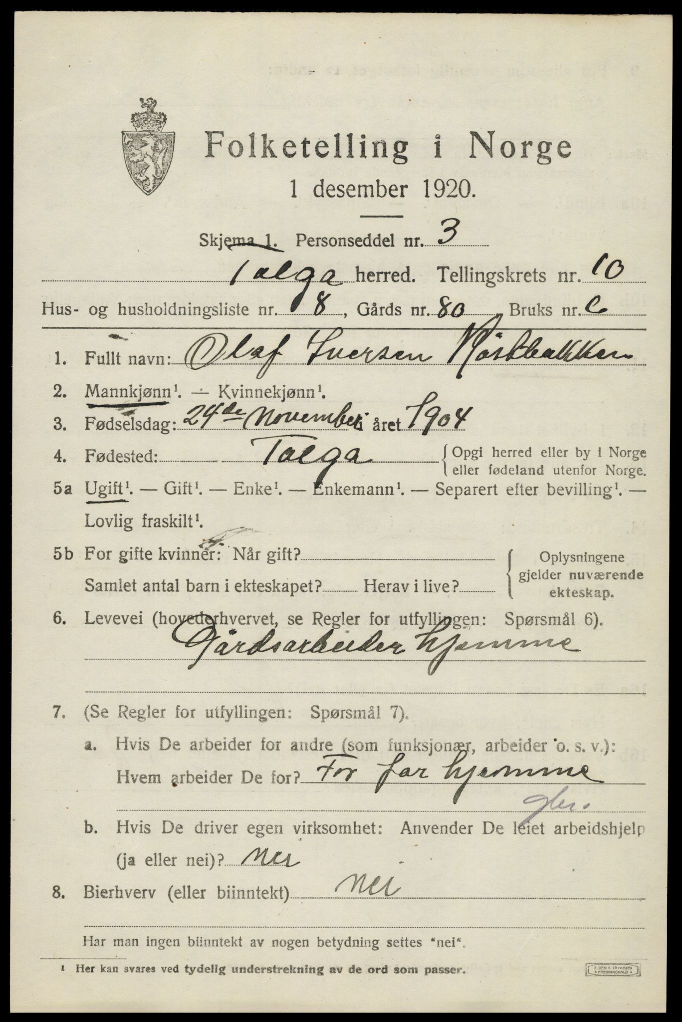 SAH, 1920 census for Tolga, 1920, p. 4975