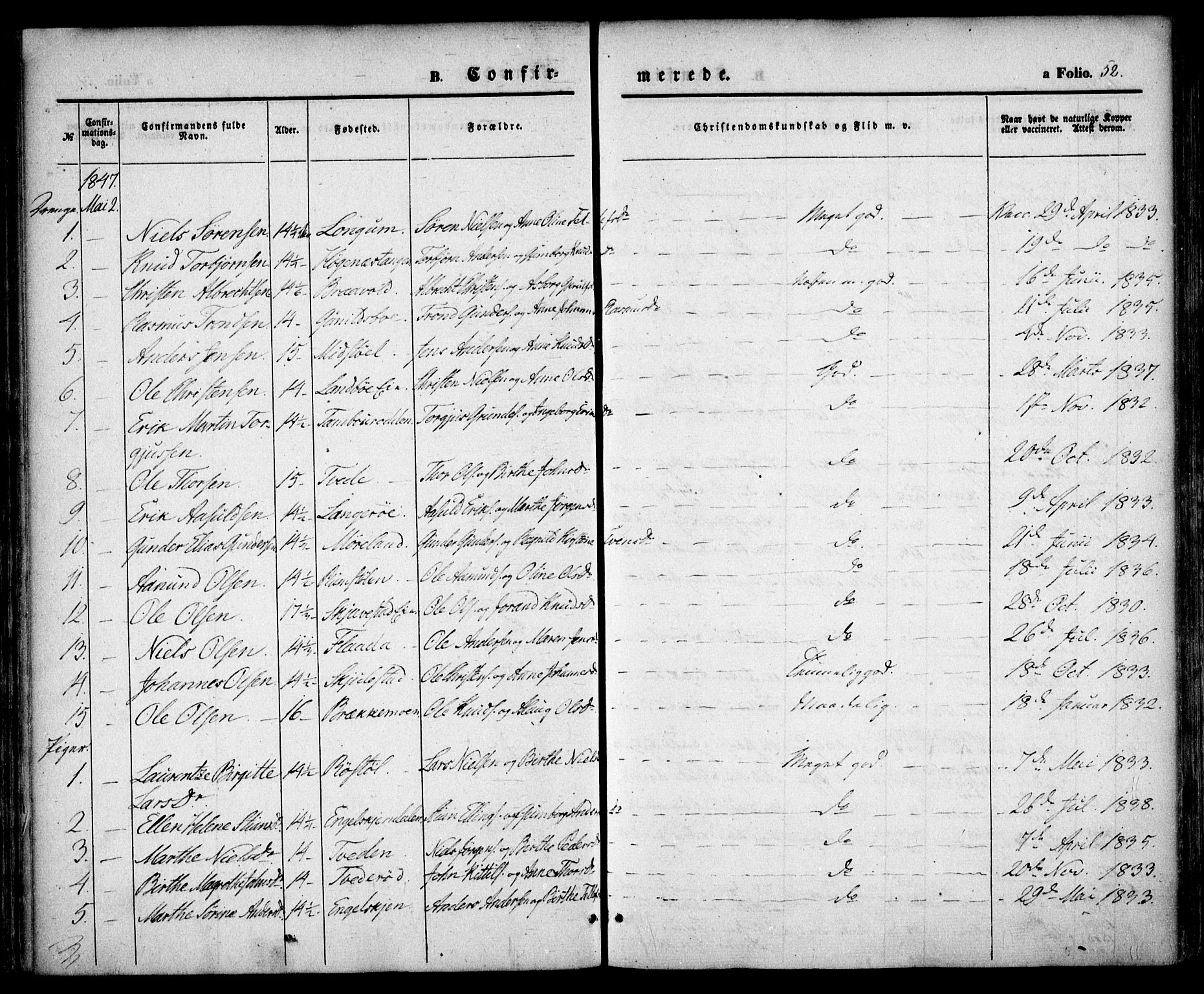 Austre Moland sokneprestkontor, SAK/1111-0001/F/Fa/Faa/L0007: Parish register (official) no. A 7, 1847-1857, p. 52