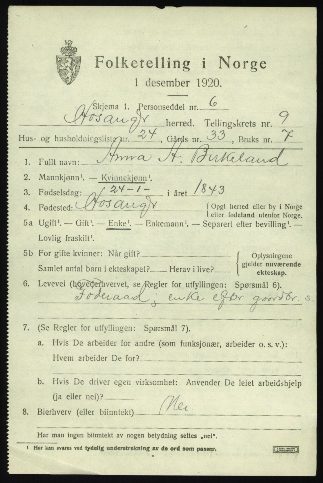 SAB, 1920 census for Hosanger, 1920, p. 4189