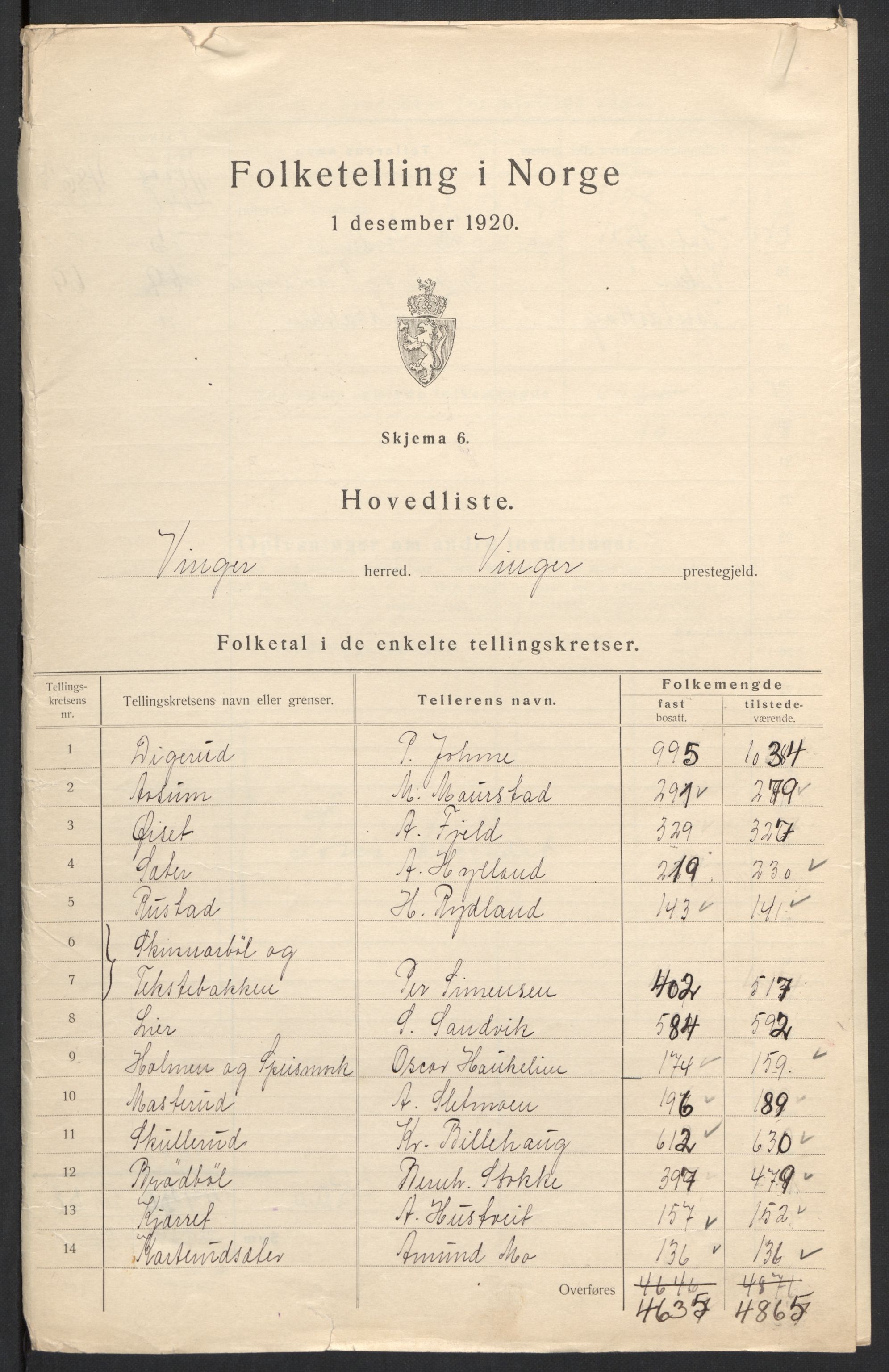 SAH, 1920 census for Vinger, 1920, p. 4