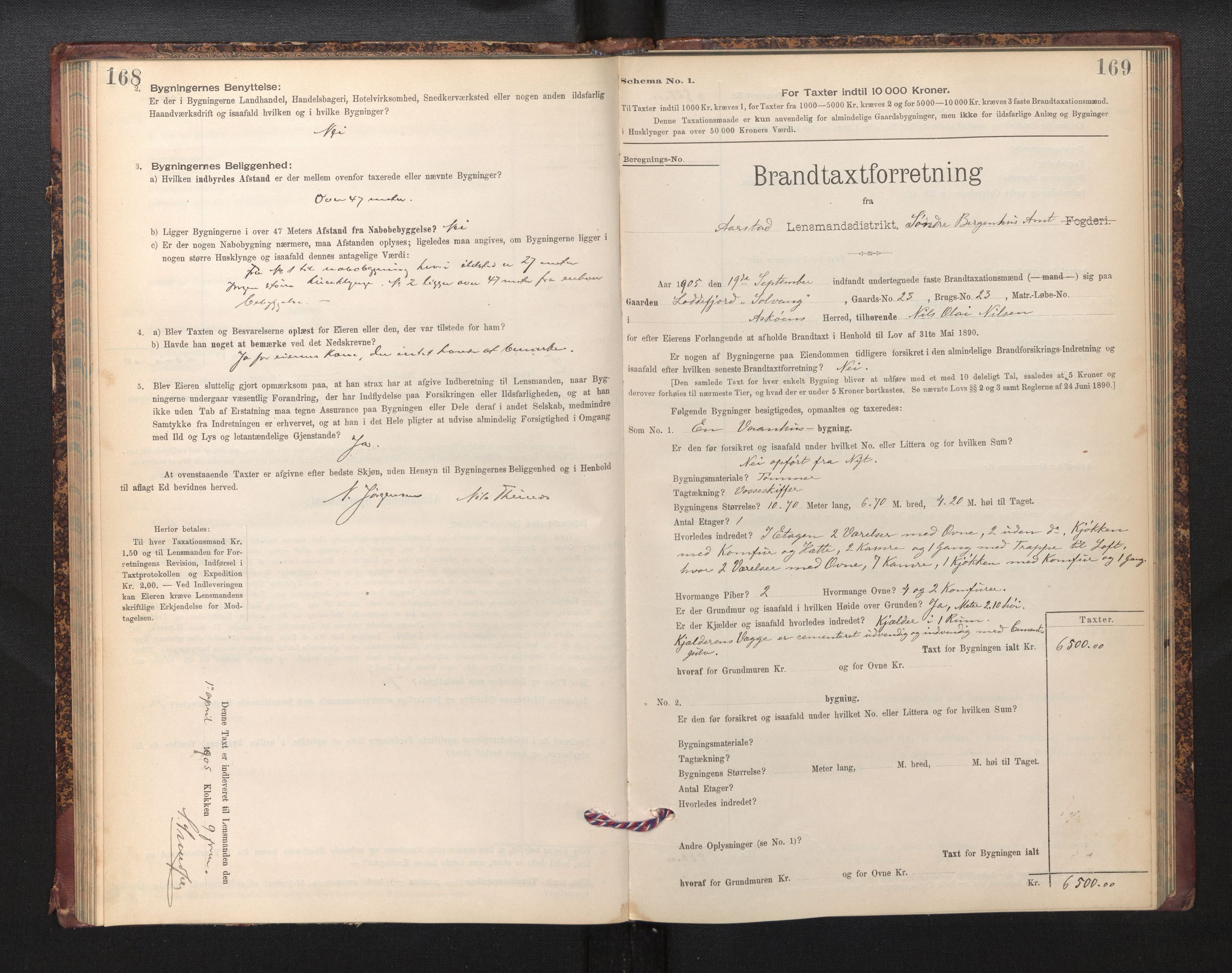 Lensmannen i Årstad, AV/SAB-A-36201/0012/L0013: Branntakstprotokoll,skjematakst, 1901-1907, p. 168-169