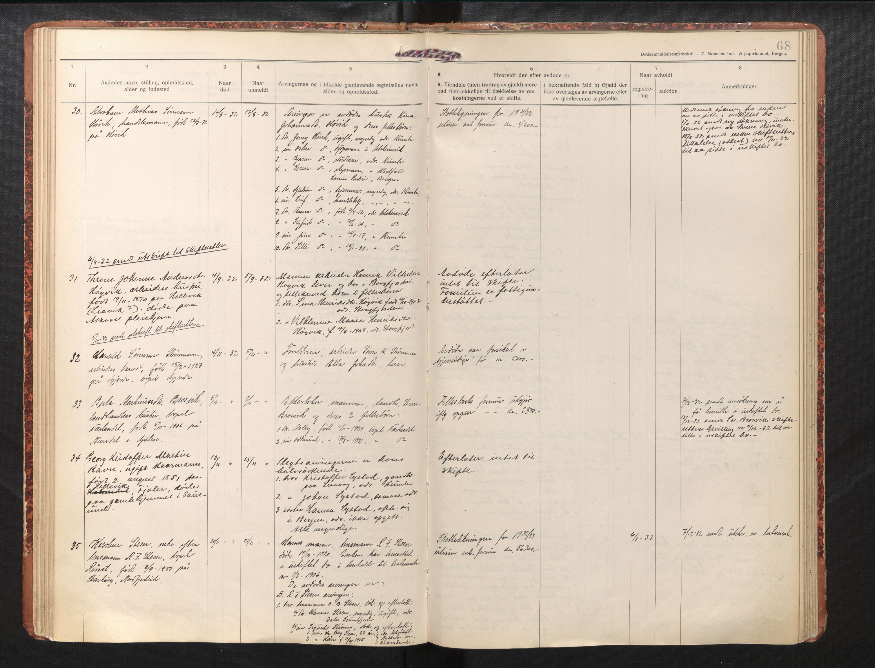 Lensmannen i Askvoll, AV/SAB-A-26301/0006/L0001a: Dødsfallprotokoll, 1919-1942, p. 68