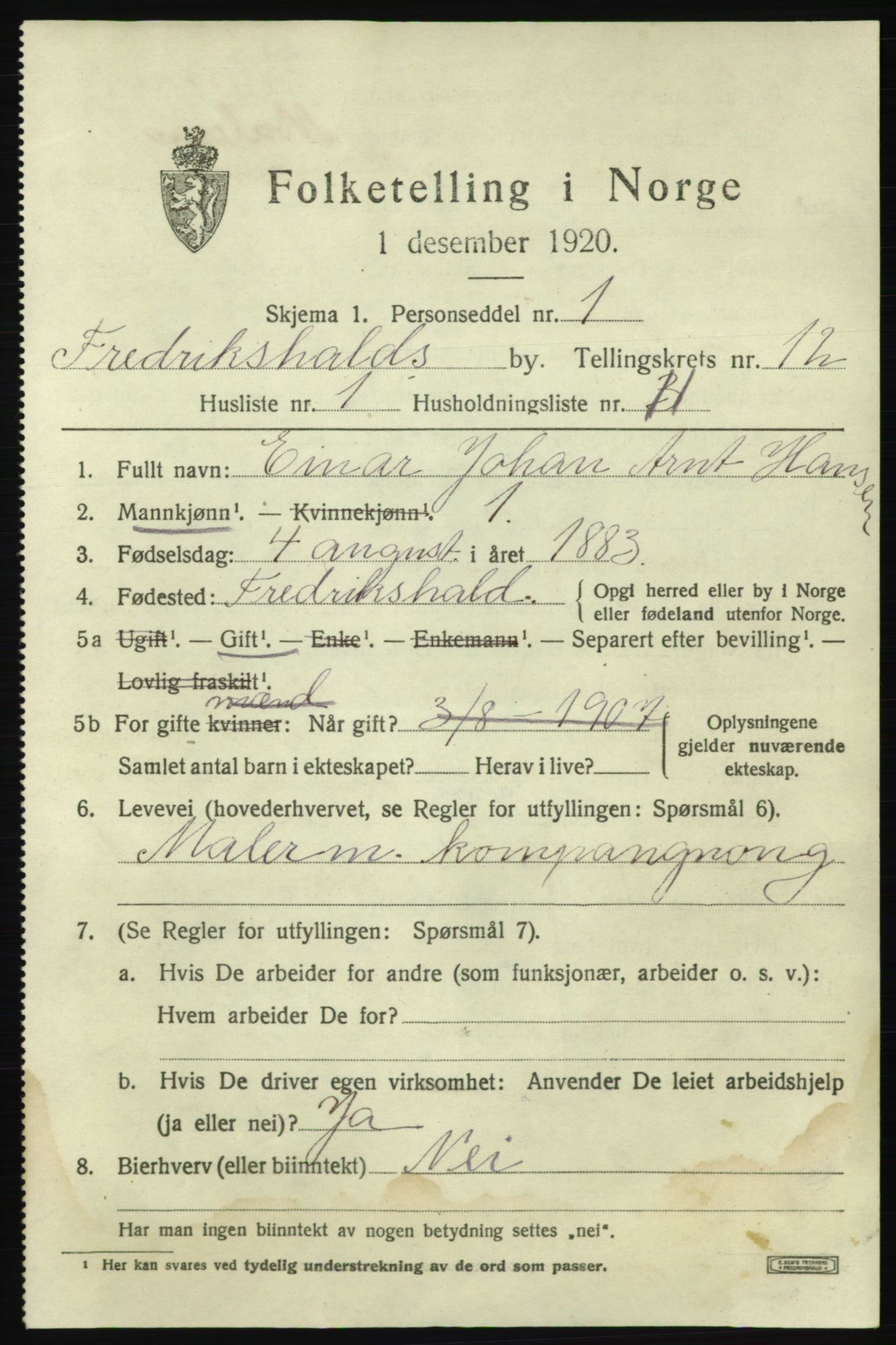 SAO, 1920 census for Fredrikshald, 1920, p. 19815