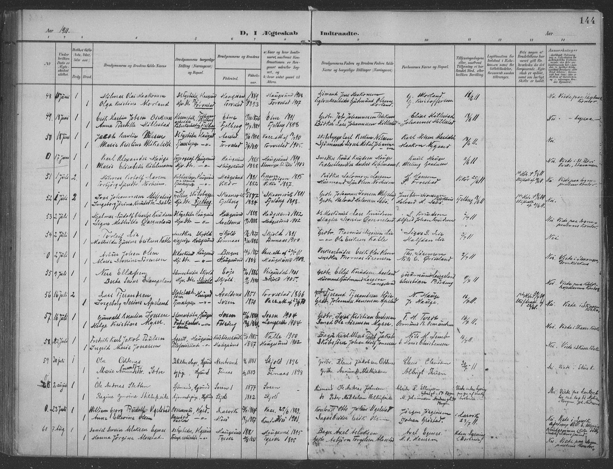 Haugesund sokneprestkontor, AV/SAST-A -101863/H/Ha/Haa/L0007: Parish register (official) no. A 7, 1904-1916, p. 144