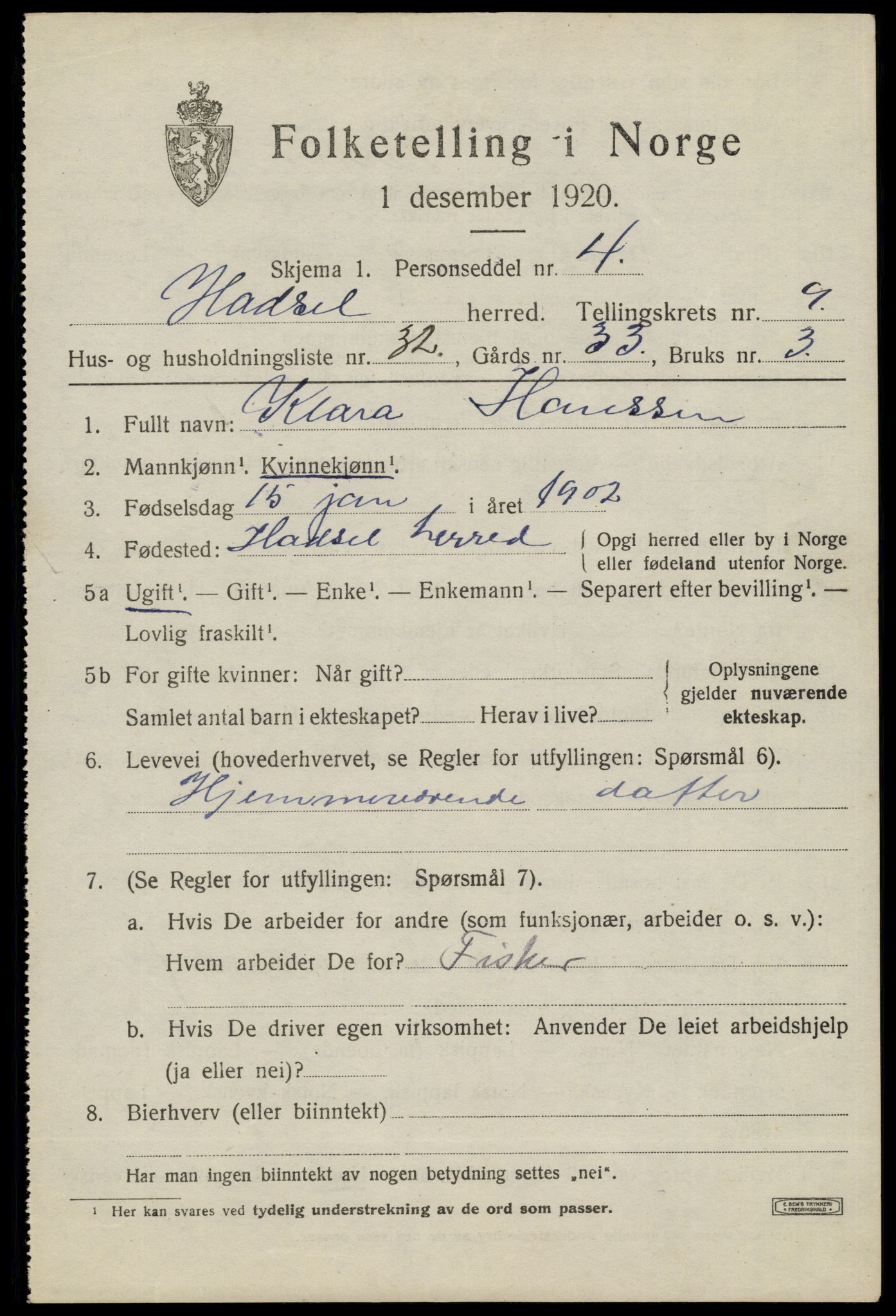 SAT, 1920 census for Hadsel, 1920, p. 8126