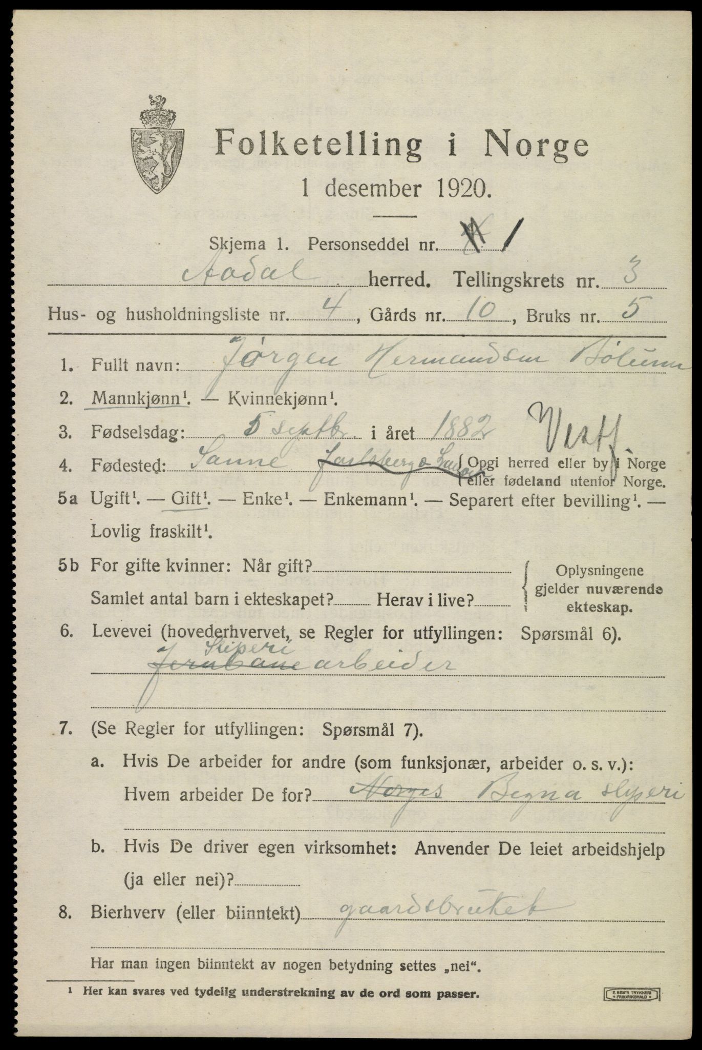 SAKO, 1920 census for Ådal, 1920, p. 2996