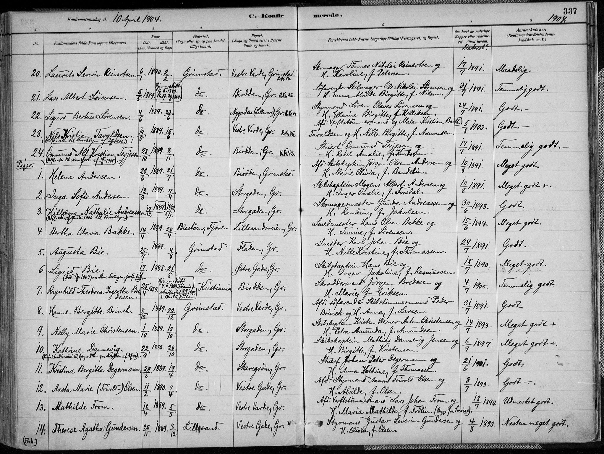 Grimstad sokneprestkontor, SAK/1111-0017/F/Fa/L0003: Parish register (official) no. A 2, 1882-1912, p. 337