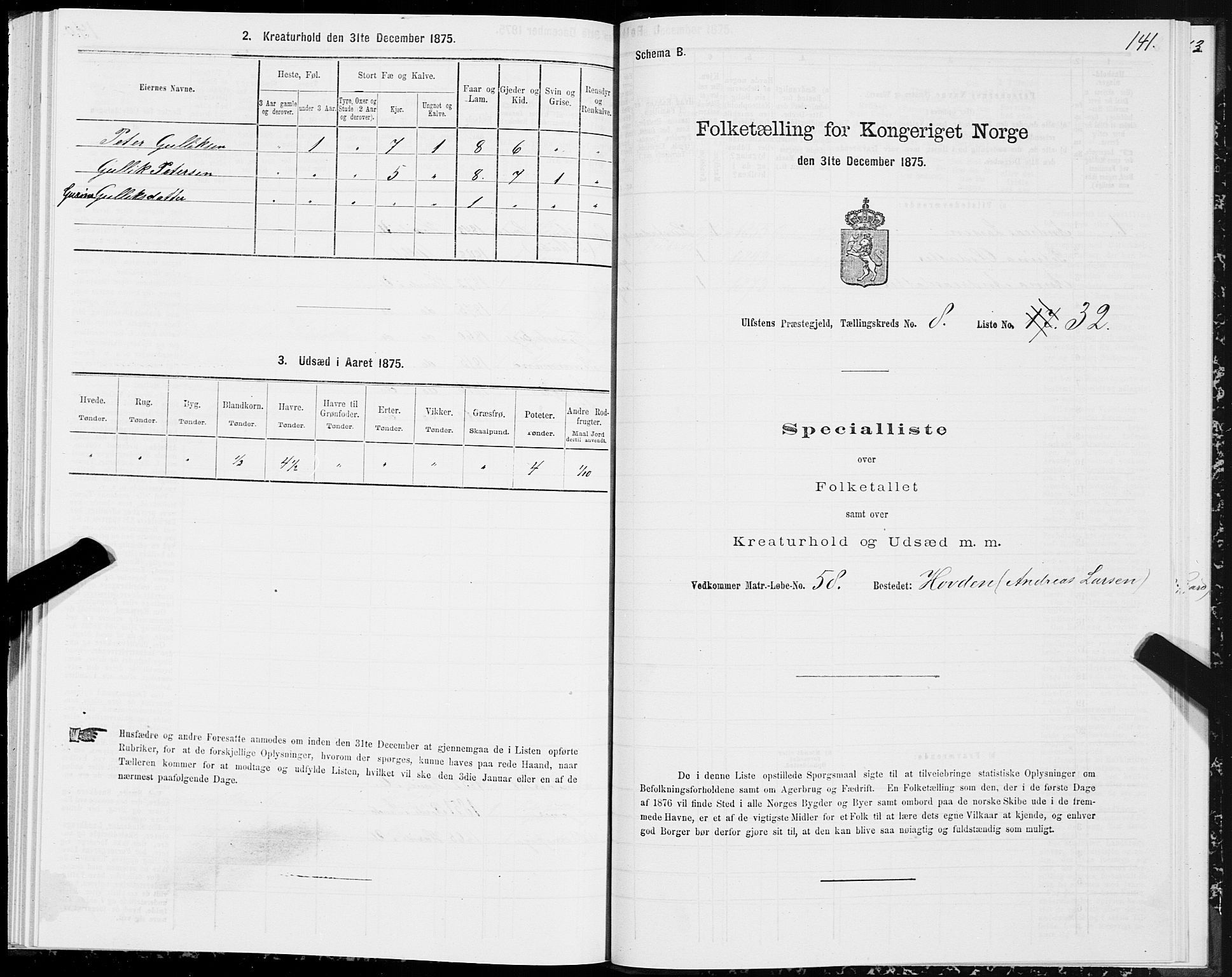 SAT, 1875 census for 1516P Ulstein, 1875, p. 3141