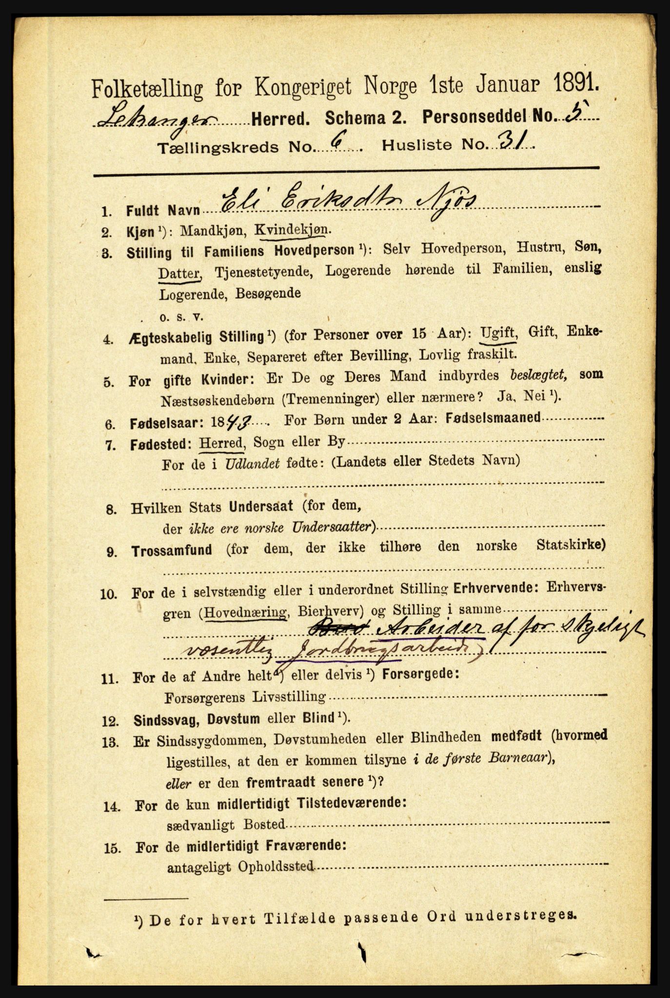 RA, 1891 census for 1419 Leikanger, 1891, p. 1298