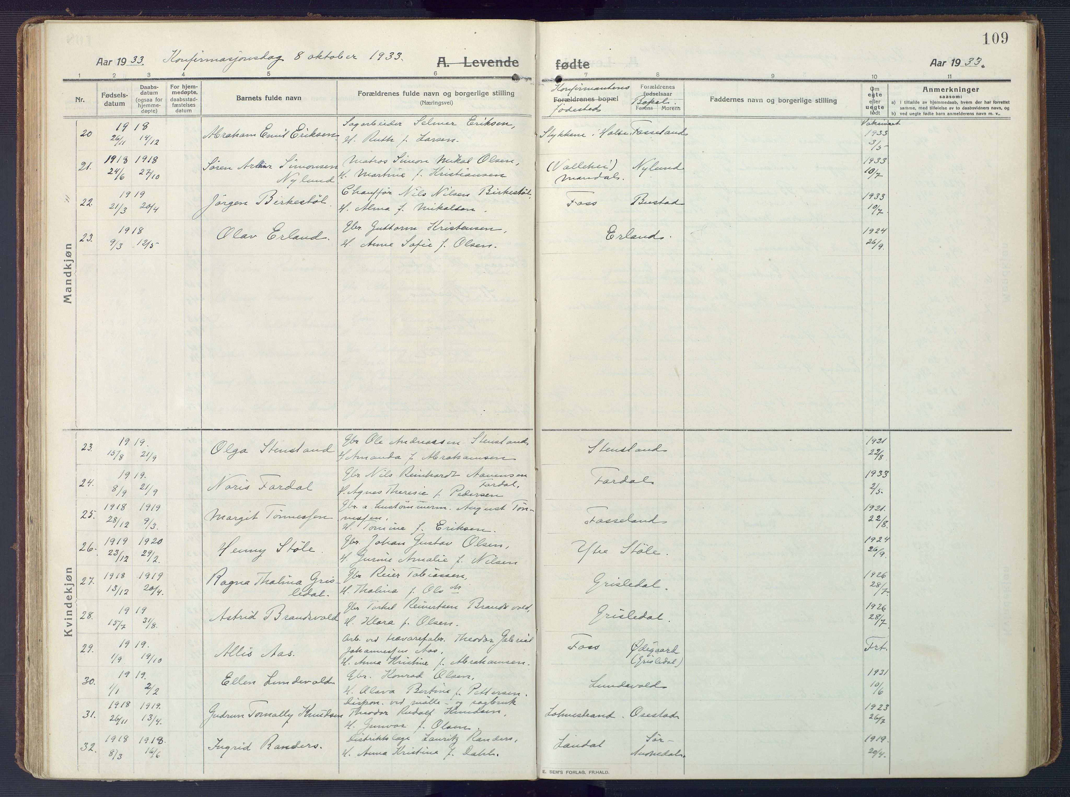 Sør-Audnedal sokneprestkontor, AV/SAK-1111-0039/F/Fa/Fab/L0011: Parish register (official) no. A 11, 1912-1938, p. 109