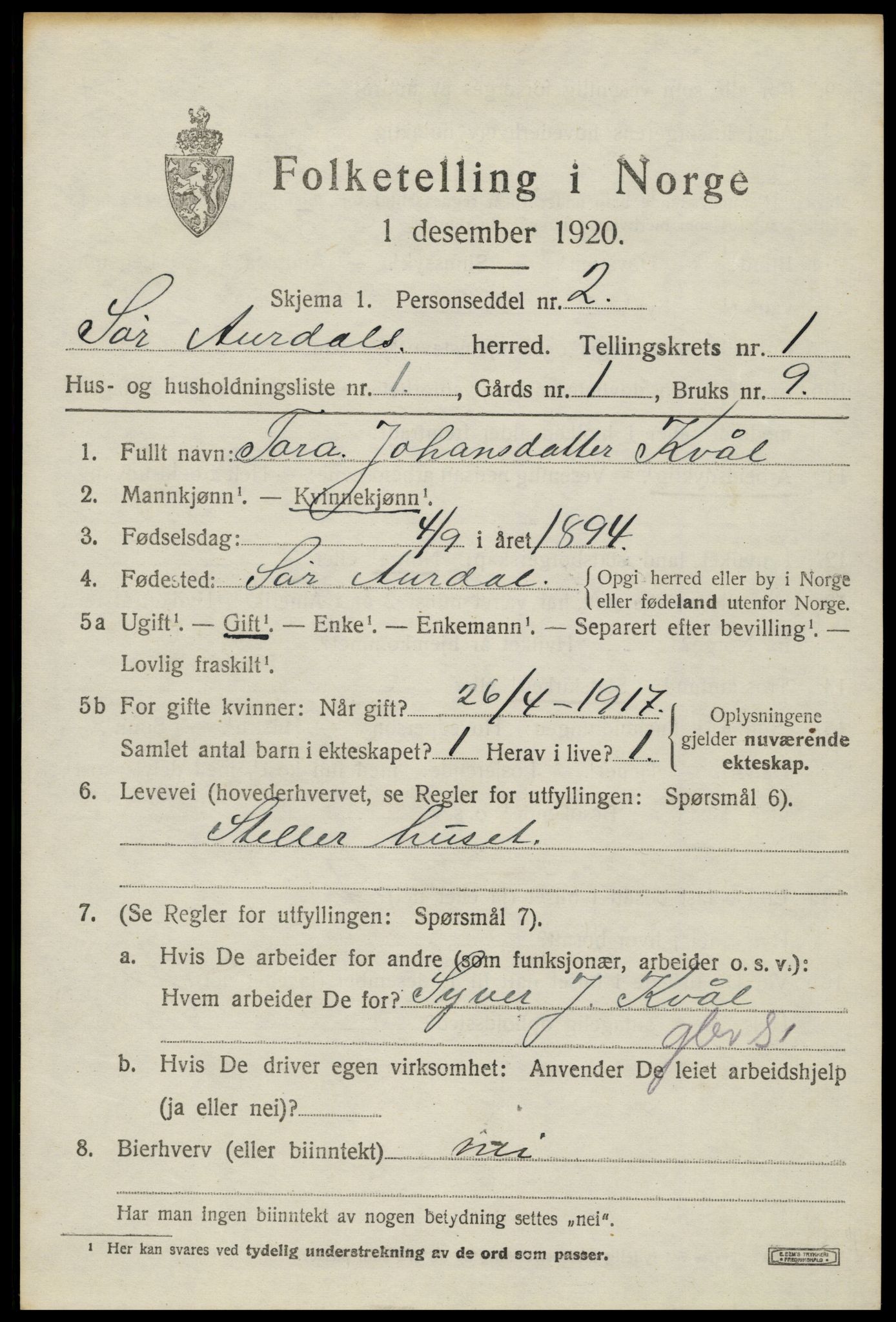 SAH, 1920 census for Sør-Aurdal, 1920, p. 1523