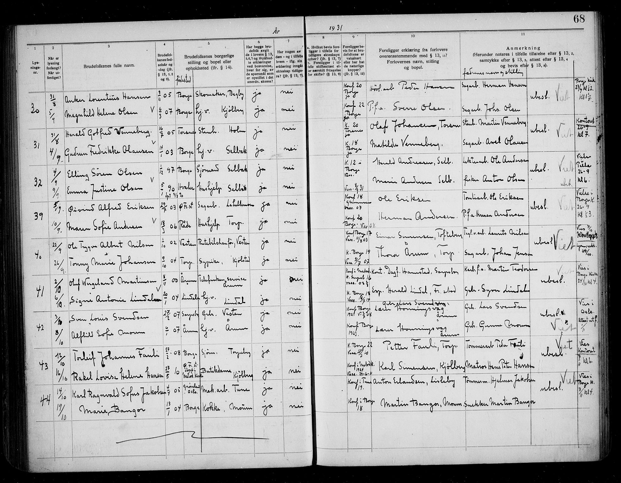 Borge prestekontor Kirkebøker, SAO/A-10903/H/Ha/L0001: Banns register no. I 1, 1919-1936, p. 68