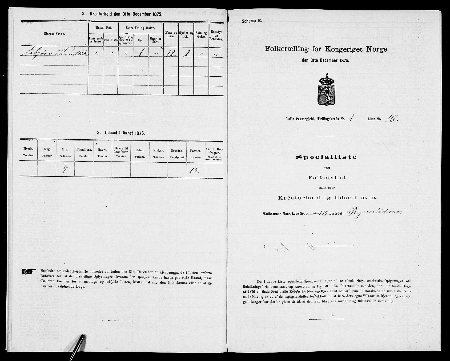 SAK, 1875 census for 0940P Valle, 1875, p. 71