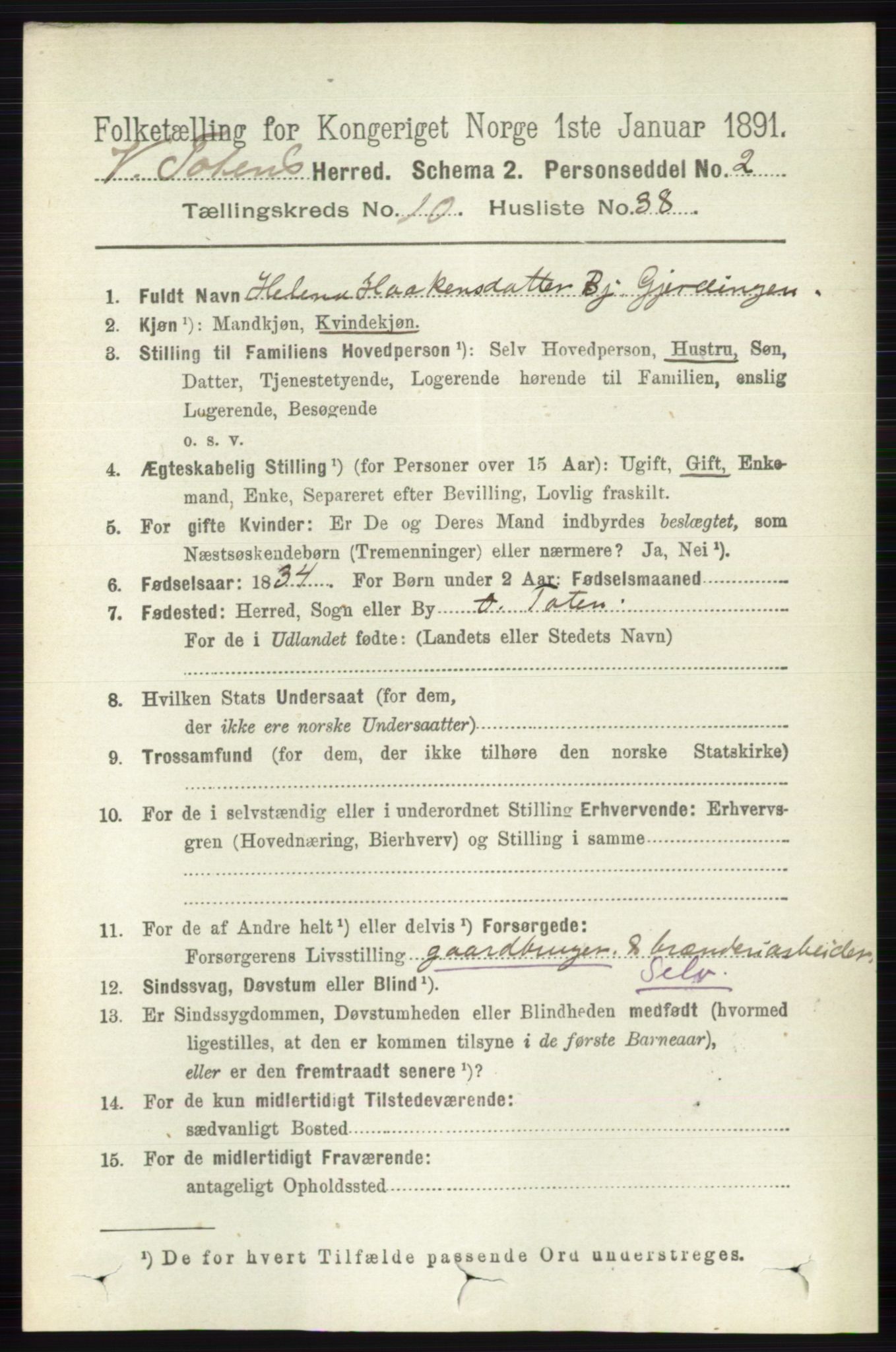 RA, 1891 census for 0529 Vestre Toten, 1891, p. 6421